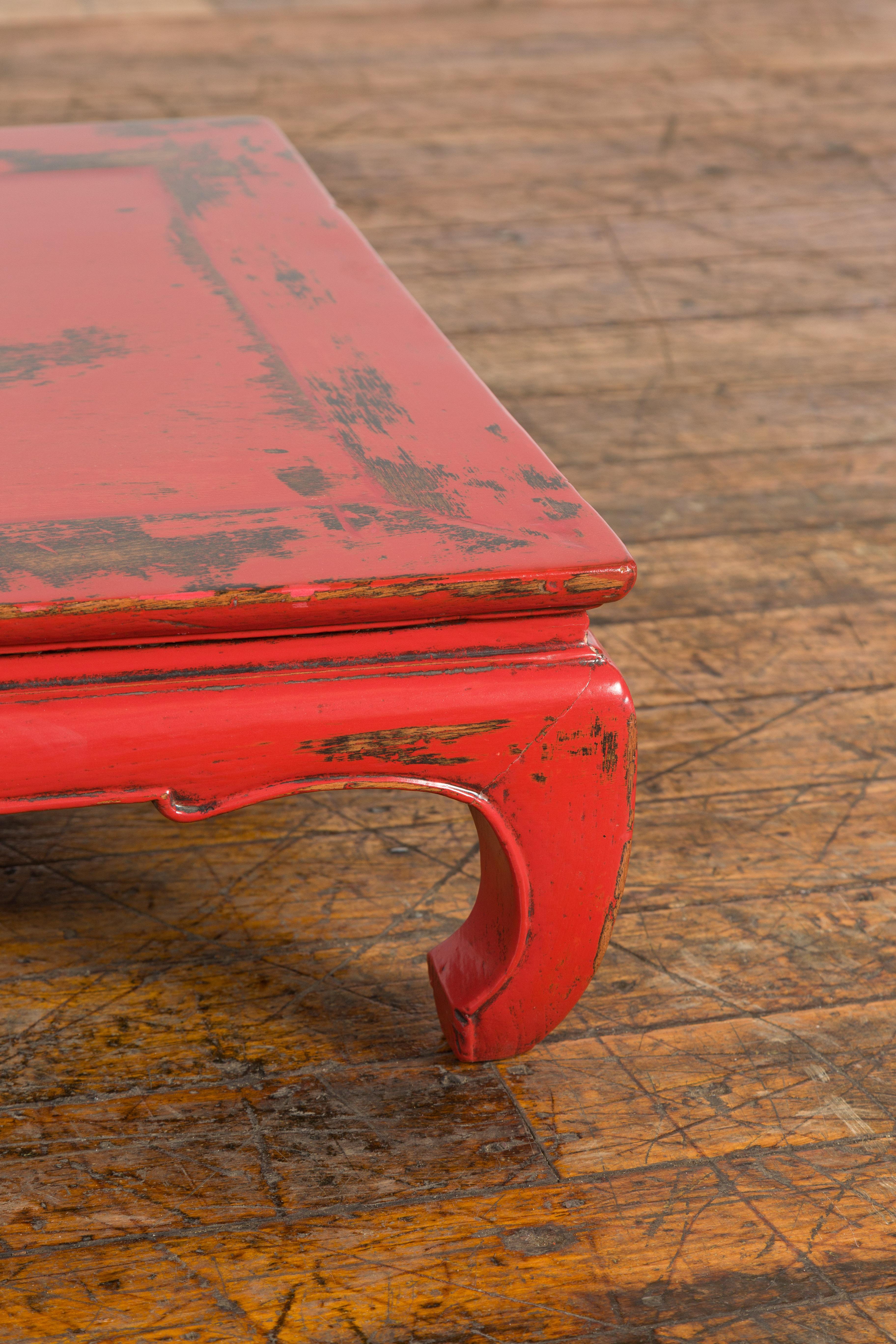 Chinese Qing Dynasty Low Kang Table with Custom Red Distressed Lacquer For Sale 1