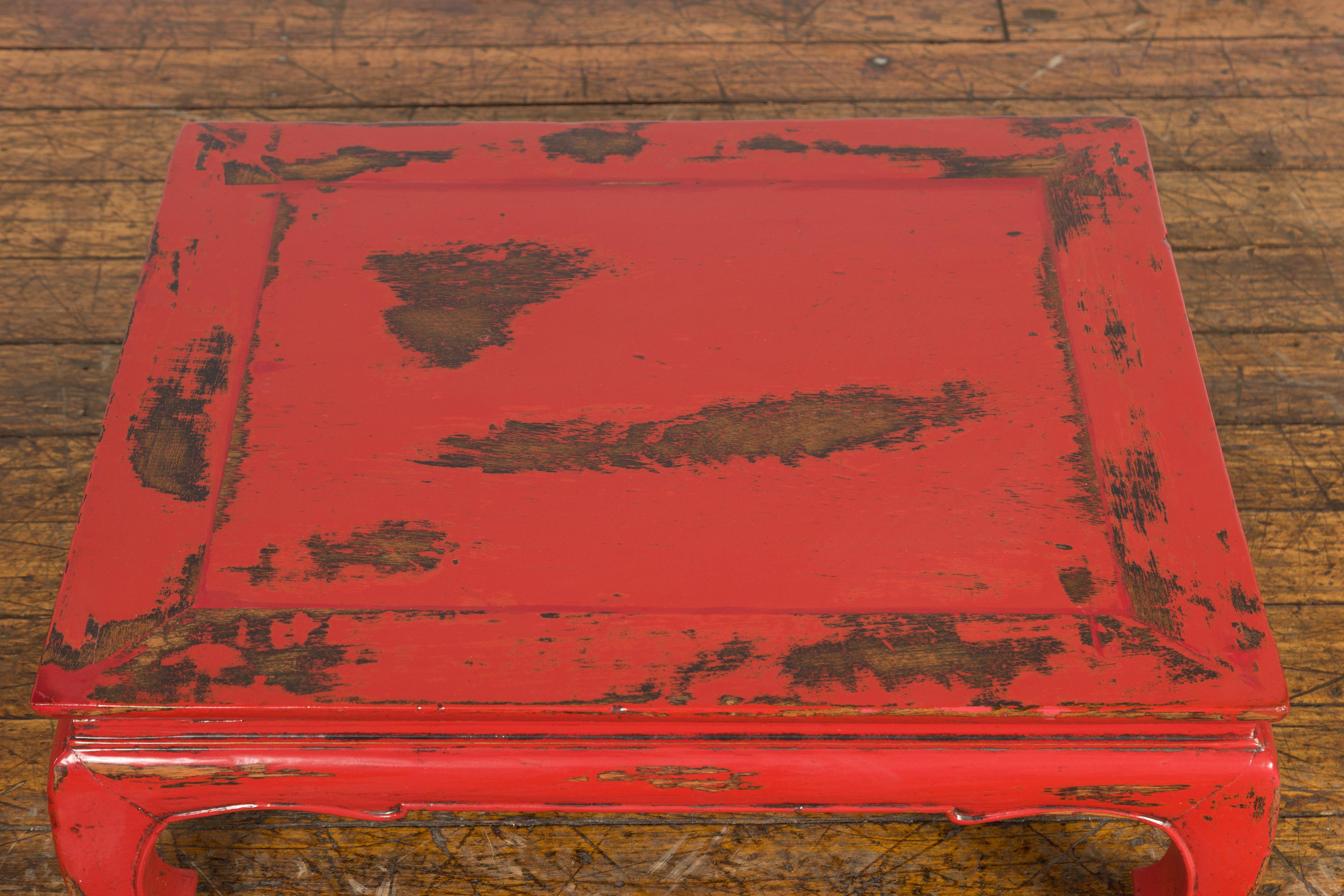 Chinese Qing Dynasty Low Kang Table with Custom Red Distressed Lacquer For Sale 2