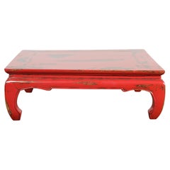 Antique Chinese Qing Dynasty Low Kang Table with Custom Red Distressed Lacquer