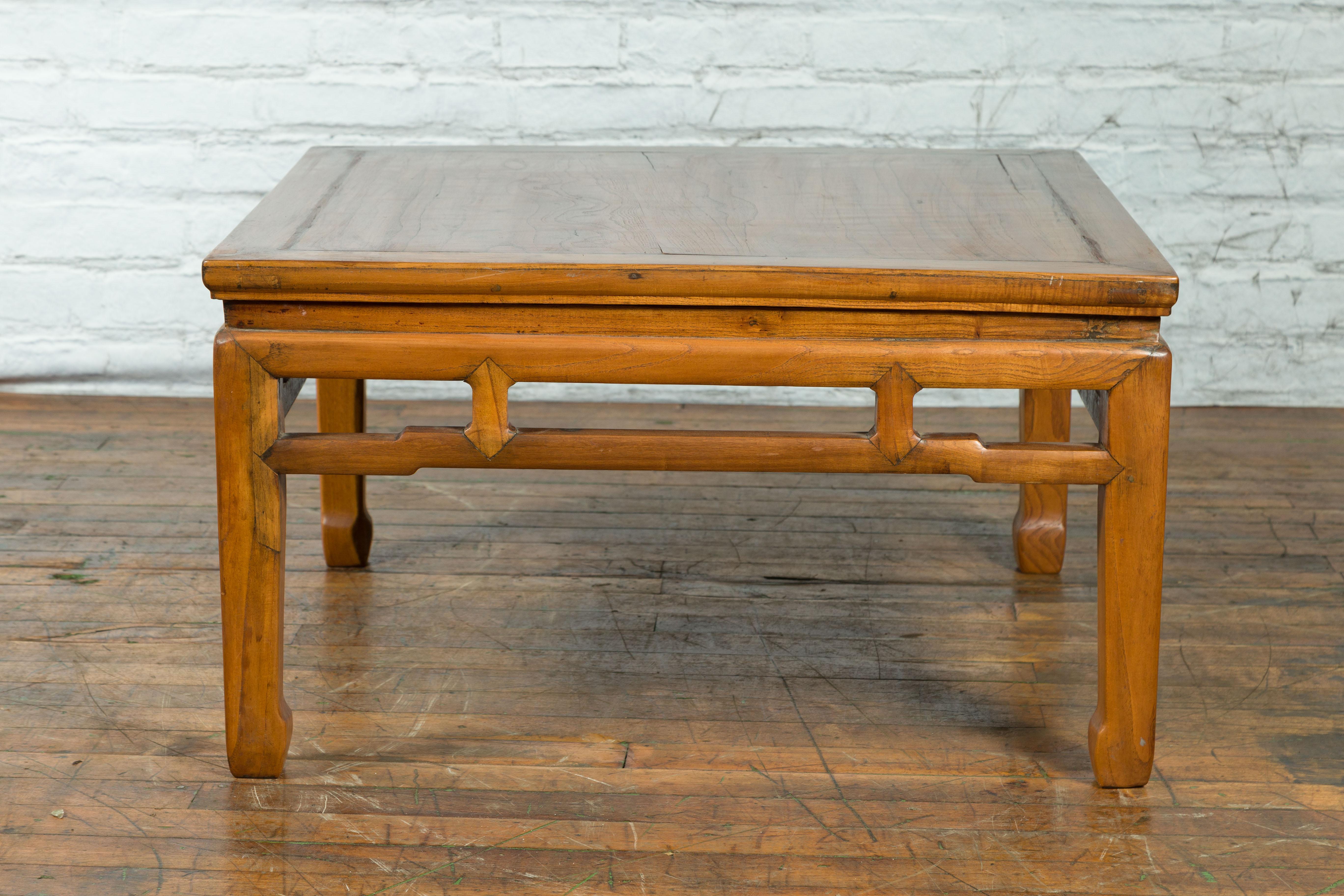 Carved Chinese Qing Dynasty Low Table with Humpback Stretcher and Horse Hoof Feet