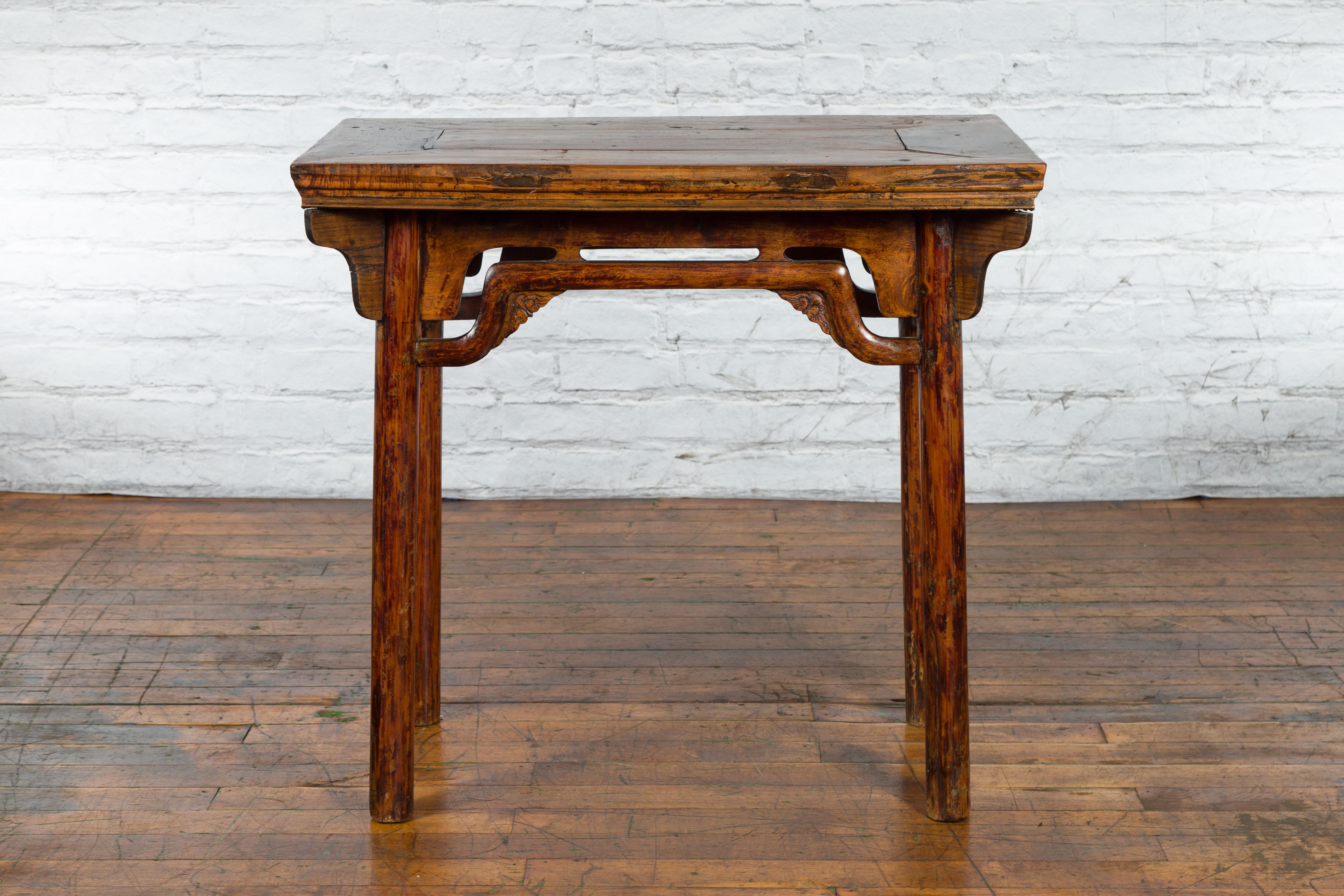 Carved Chinese Qing Dynasty Ming Style Elmwood Wine Table with Distressed Patina For Sale