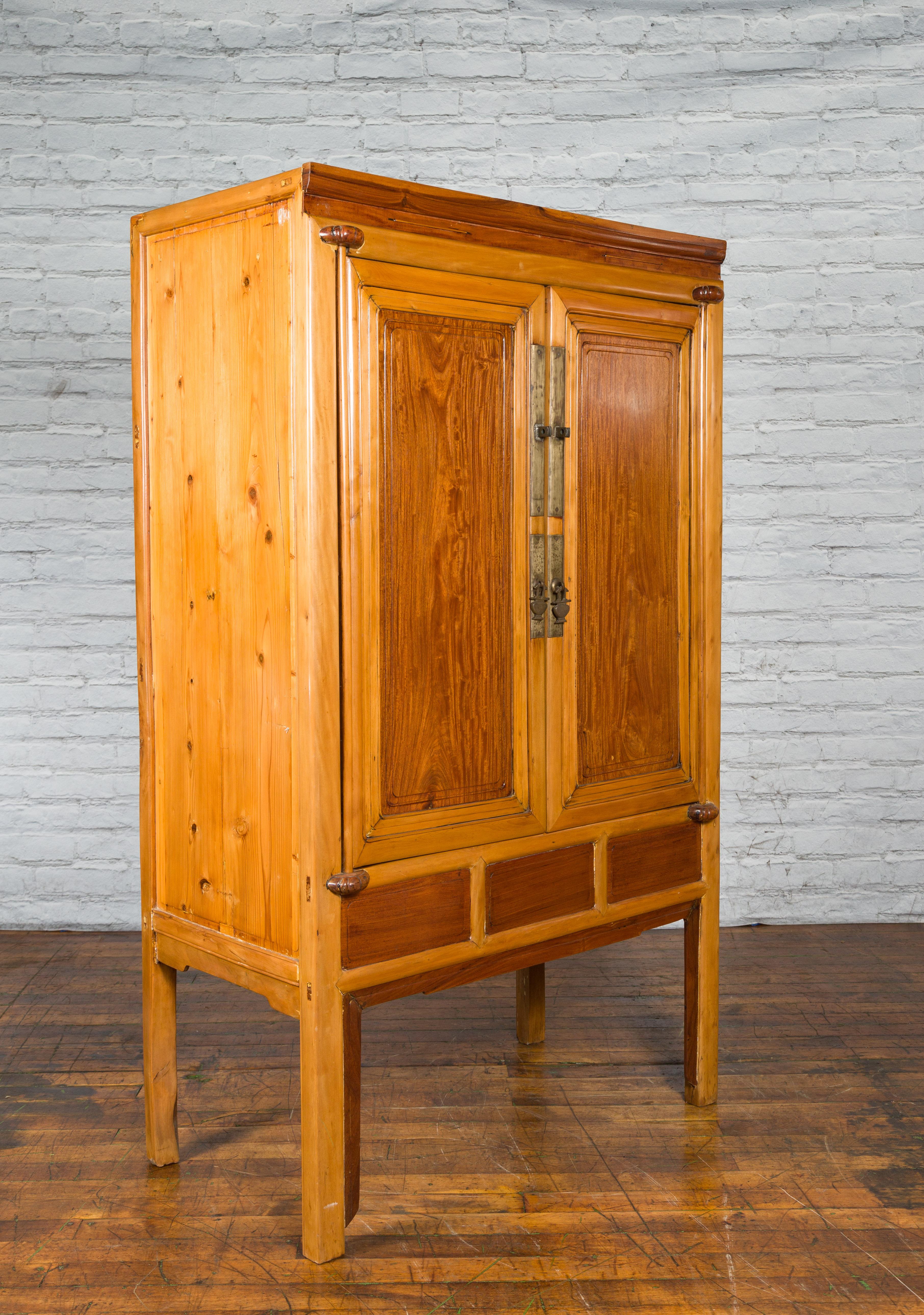 19th Century Chinese Qing Dynasty Ningbo Cypress and Rosewood Cabinet with Brass Hardware For Sale