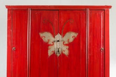 Qing Dynasty Ningbo Red Lacquered Cabinet with Butterfly Hardware
