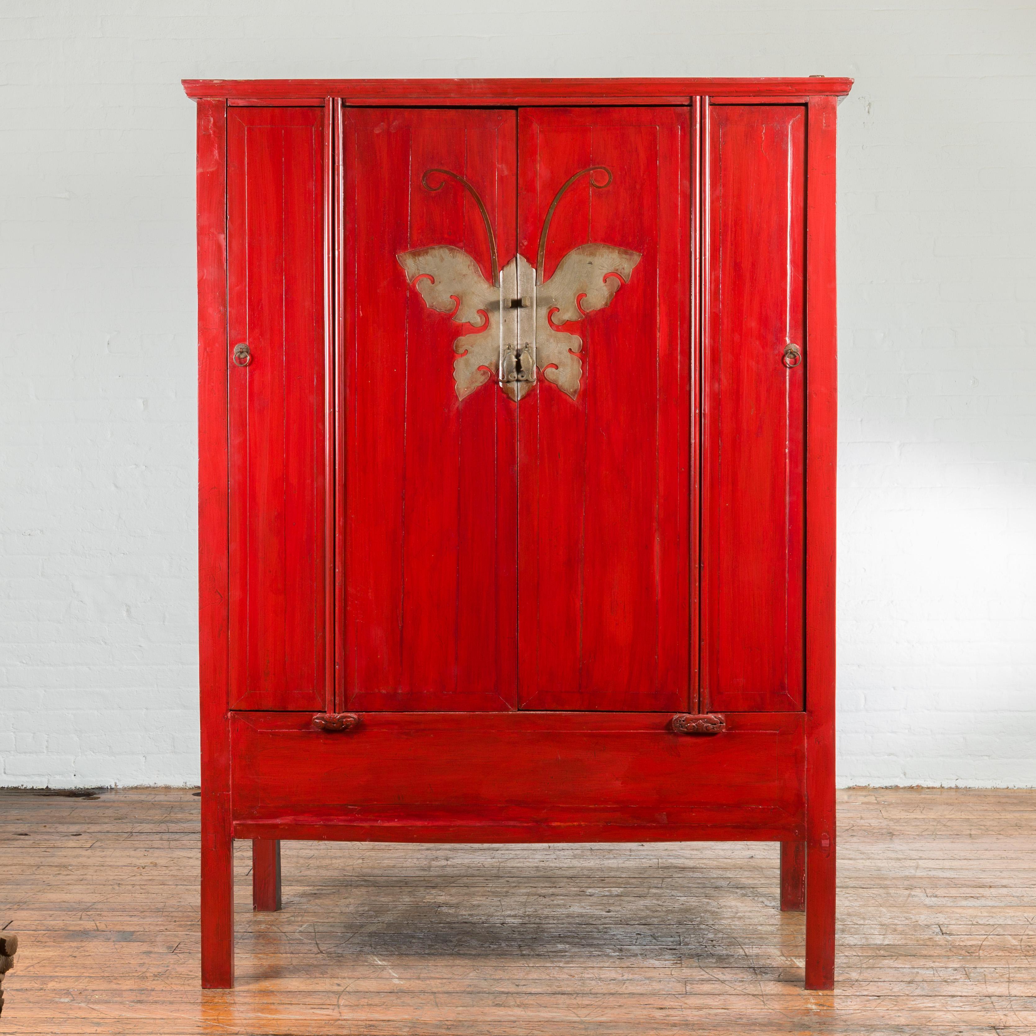 Wood Chinese Qing Dynasty Ningbo Red Lacquered Cabinet with Butterfly Hardware For Sale