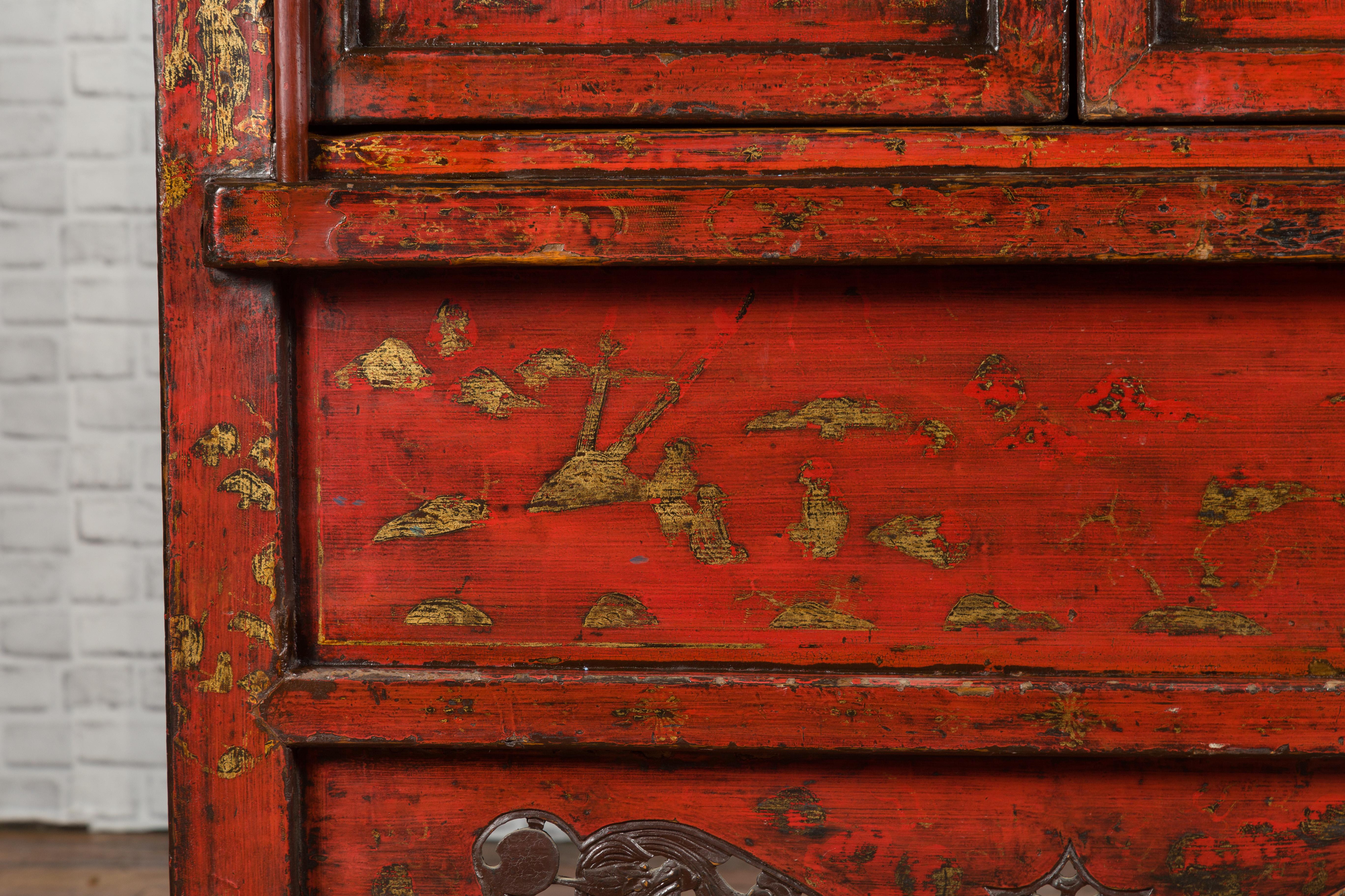 Chinese Qing Dynasty Style Red Lacquer Cabinet with Gilt Chinoiserie Decor For Sale 4