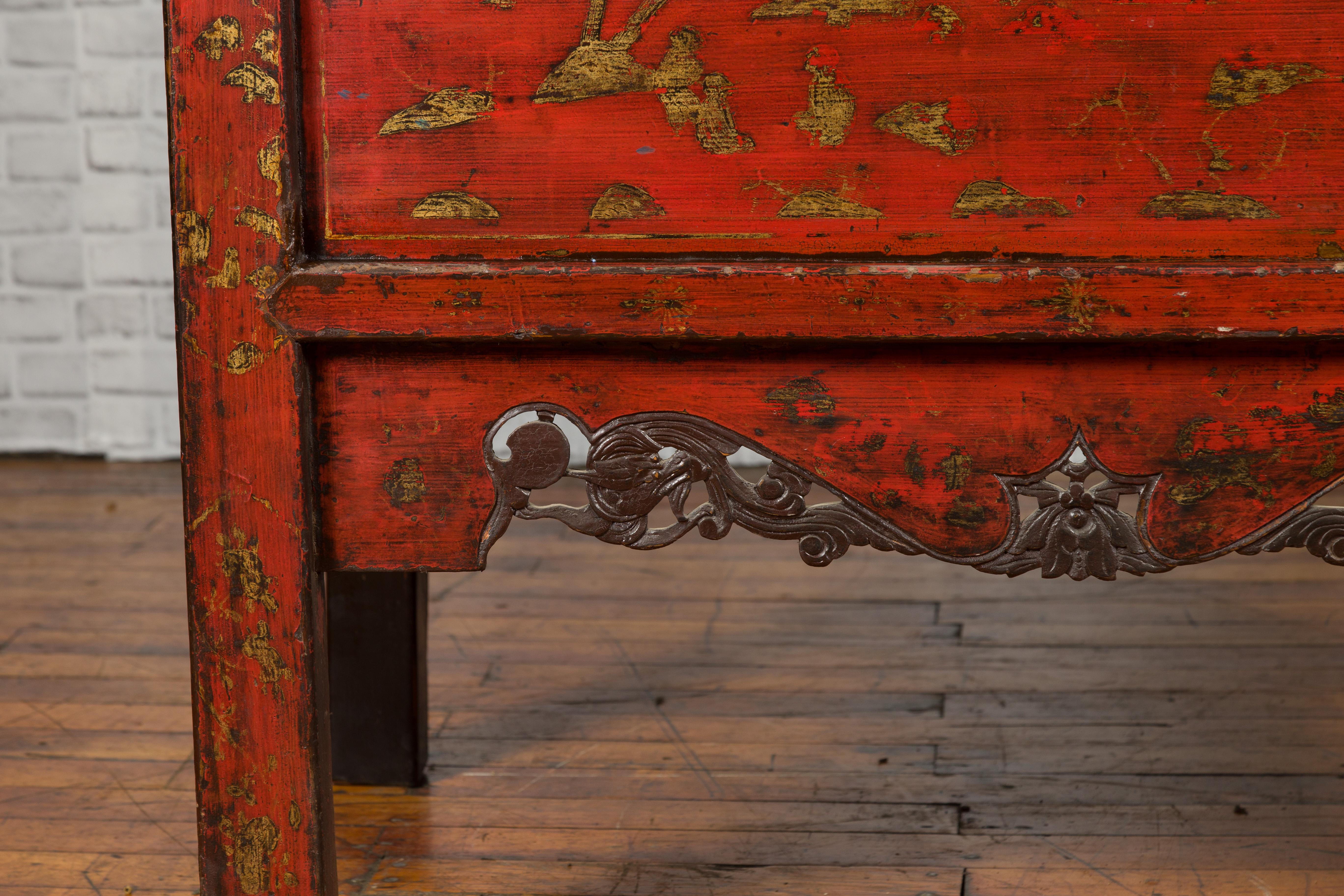 Chinese Qing Dynasty Style Red Lacquer Cabinet with Gilt Chinoiserie Decor For Sale 6