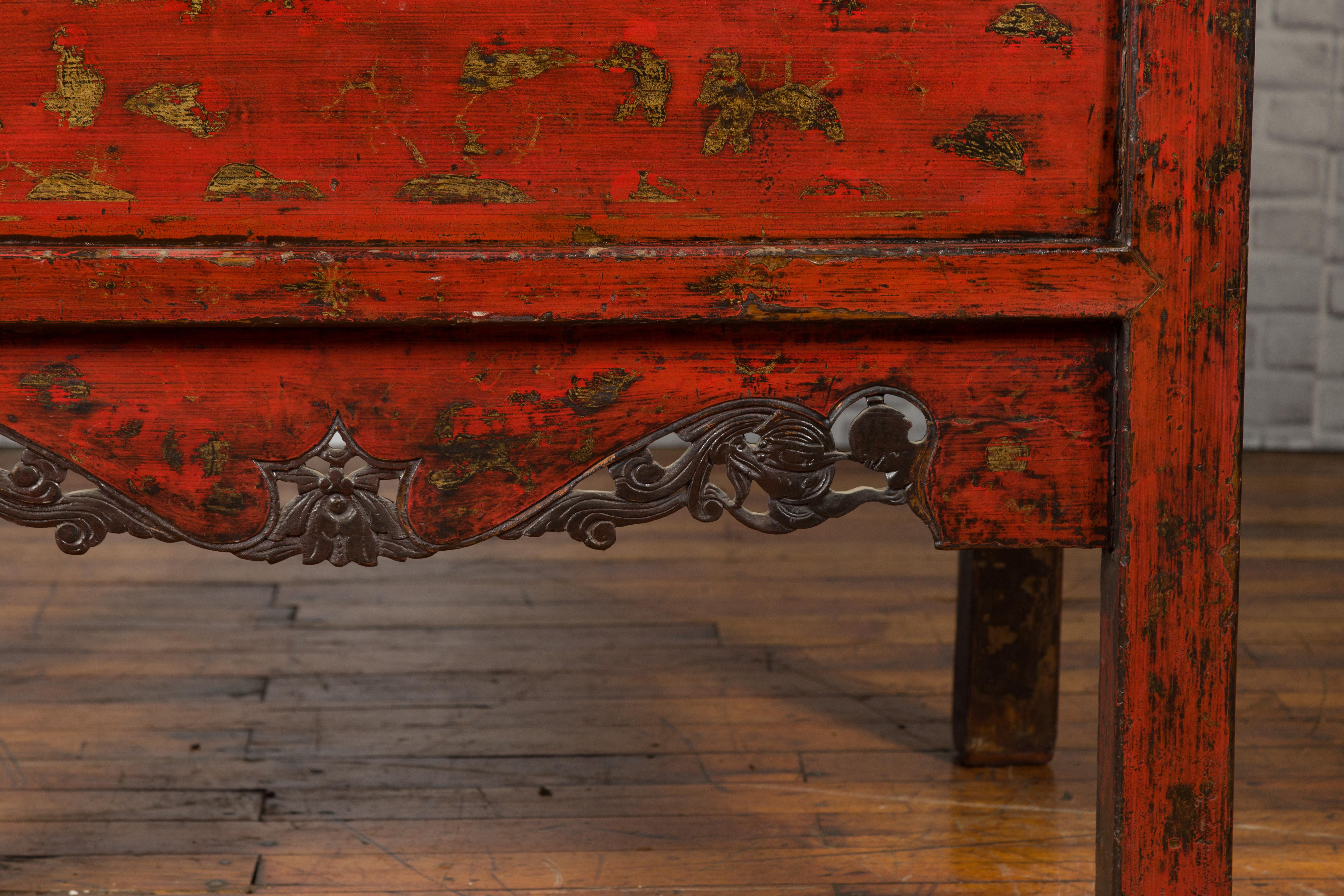 Chinese Qing Dynasty Style Red Lacquer Cabinet with Gilt Chinoiserie Decor For Sale 7