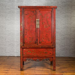 Red Lacquered Cabinet with Hand-Painted Gilt Motifs and Carved Apron Base