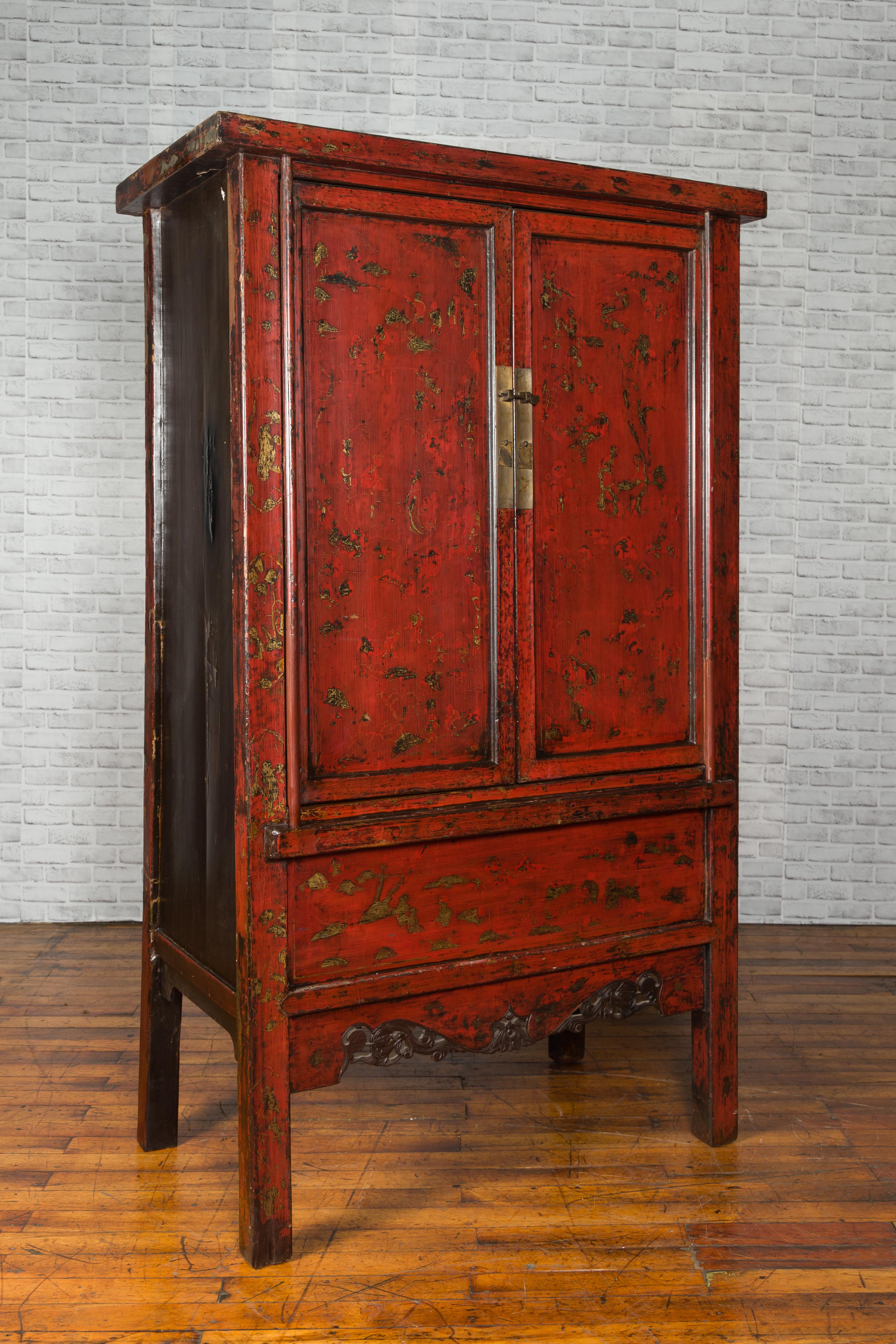 Lacquered Chinese Qing Dynasty Style Red Lacquer Cabinet with Gilt Chinoiserie Decor For Sale