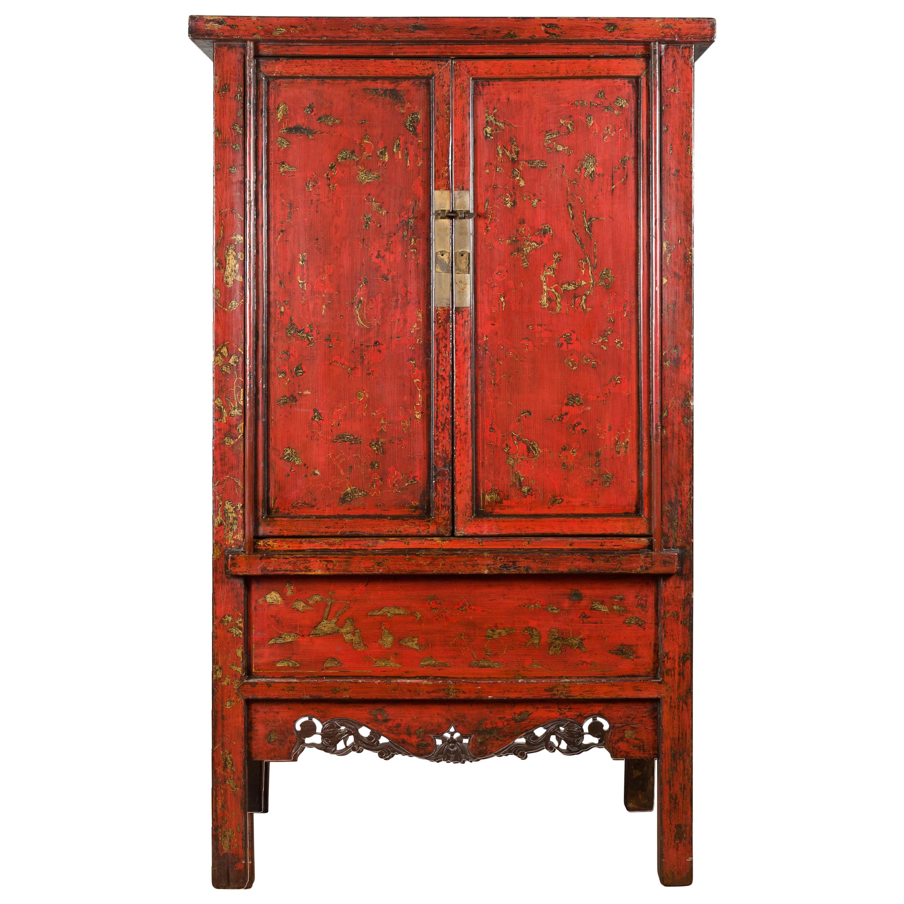 Chinese Qing Dynasty Style Red Lacquer Cabinet with Gilt Chinoiserie Decor For Sale