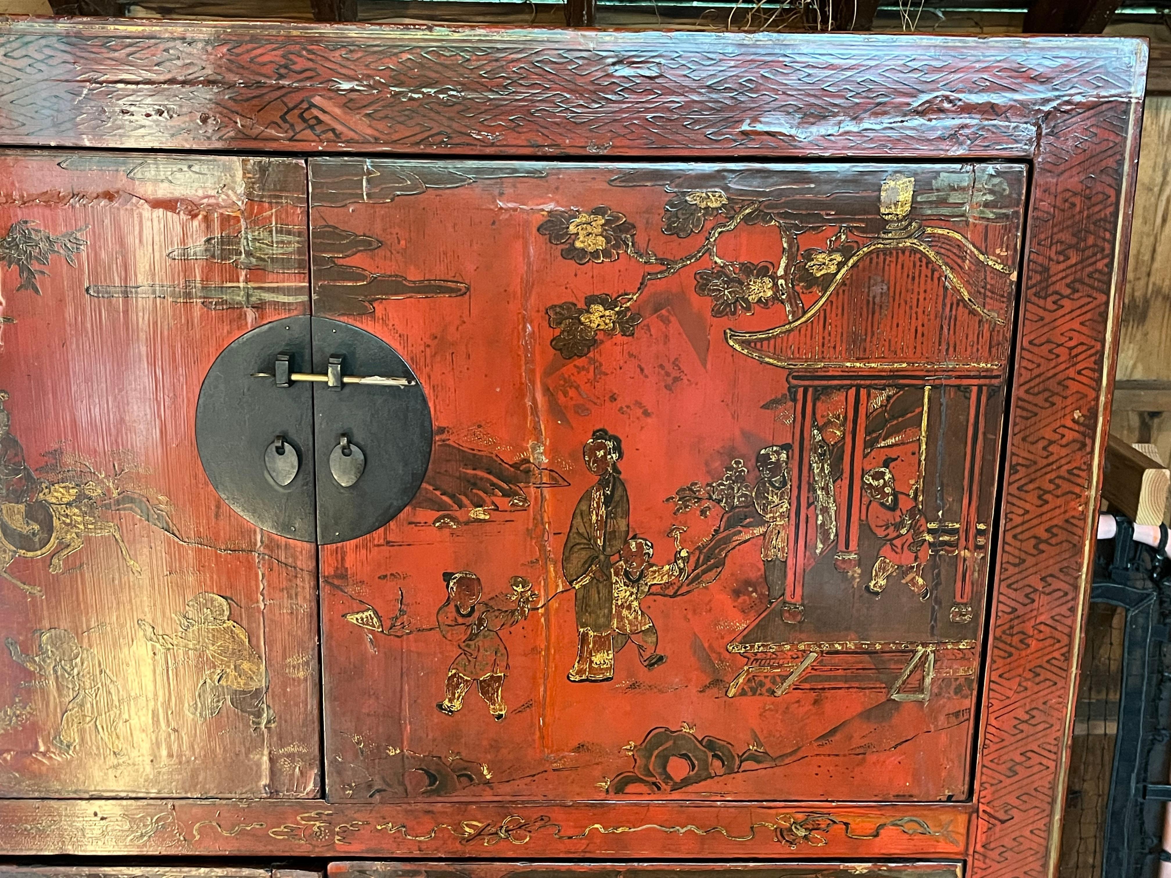 Lacquered Chinese Qing Dynasty Painted Cabinet For Sale