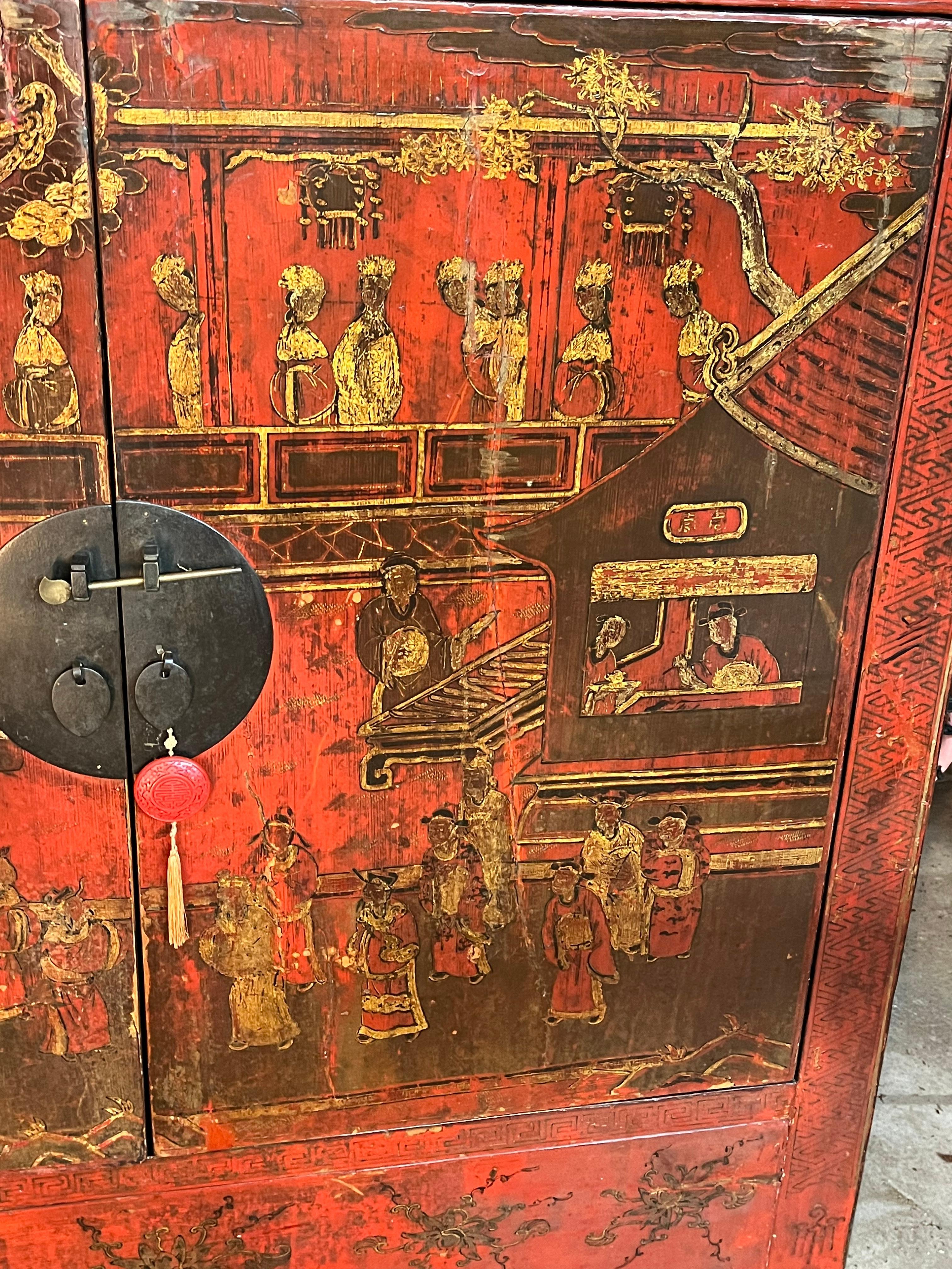 Hardwood Chinese Qing Dynasty Painted Cabinet For Sale