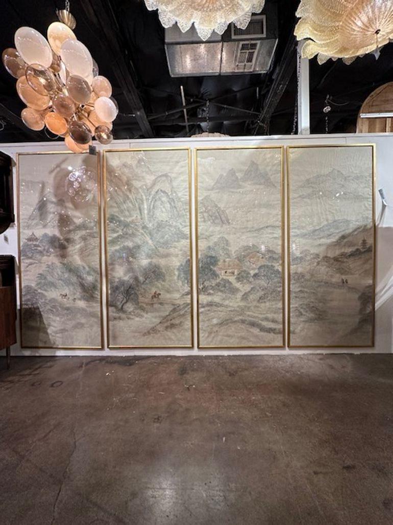 Gorgeous set of 4 early 20th century Chinese Qing dynasty hand painted framed panels. Circa 1910. A timeless and classic touch for a fine interior! Measurements for each panel.