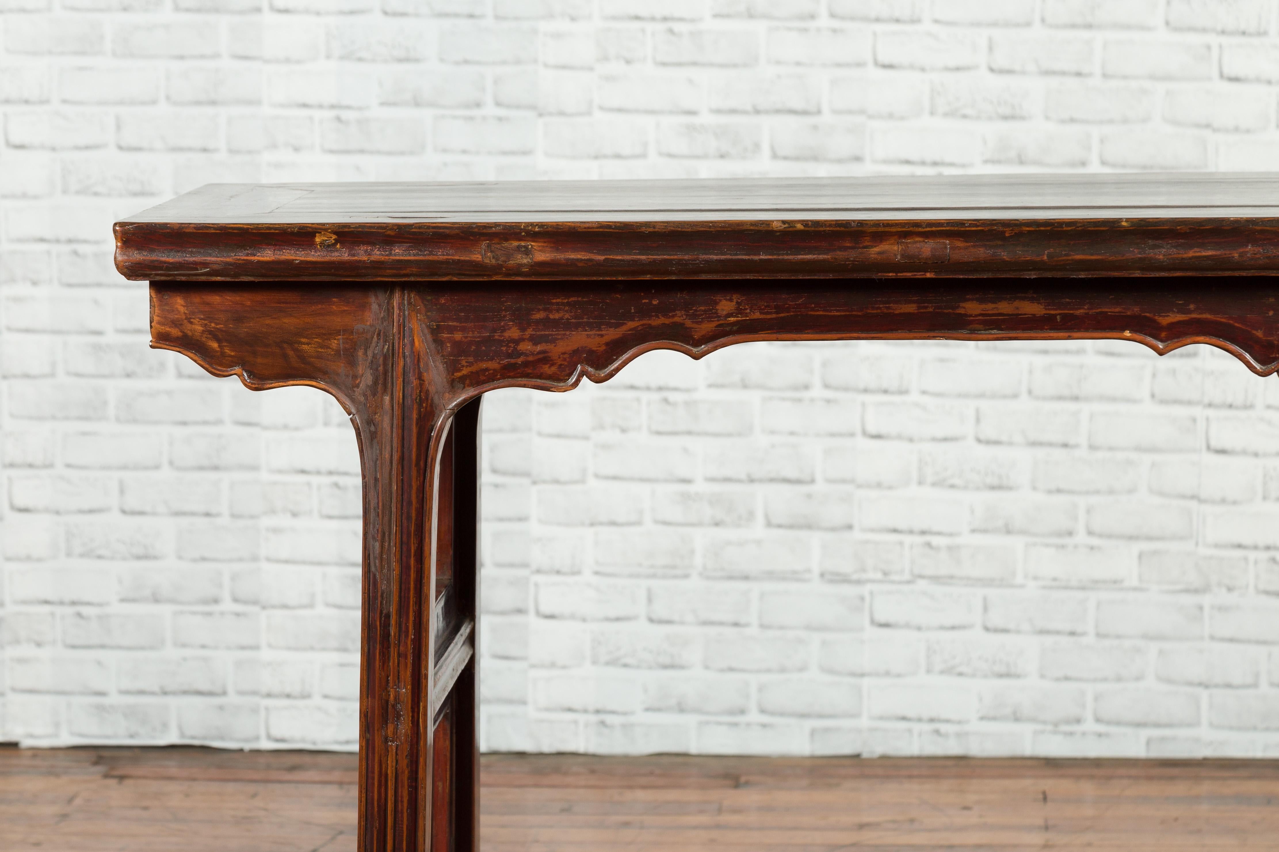 Wood Chinese Qing Dynasty Period 19th Century Altar Console Table with Carved Apron