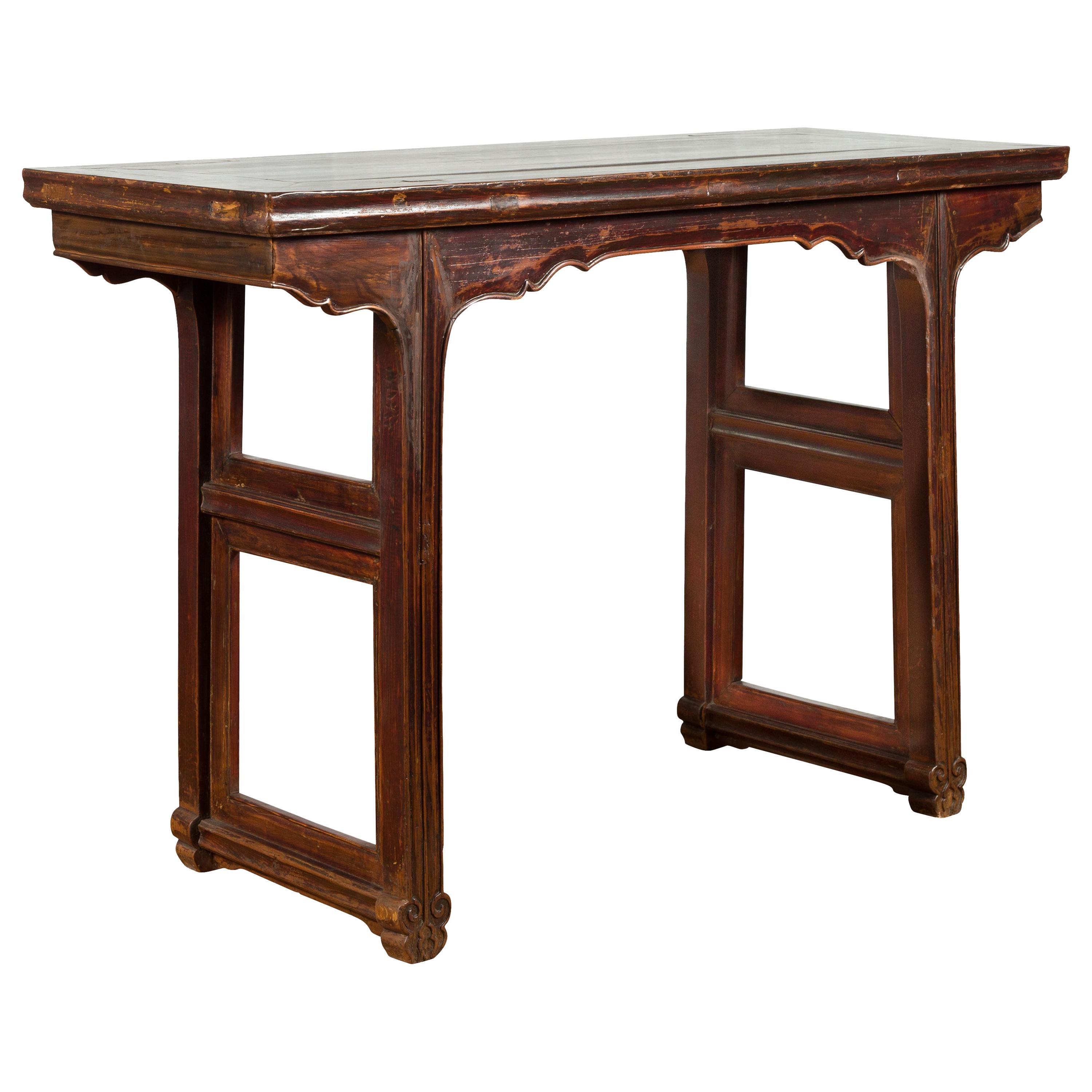 Chinese Qing Dynasty Period 19th Century Altar Console Table with Carved Apron