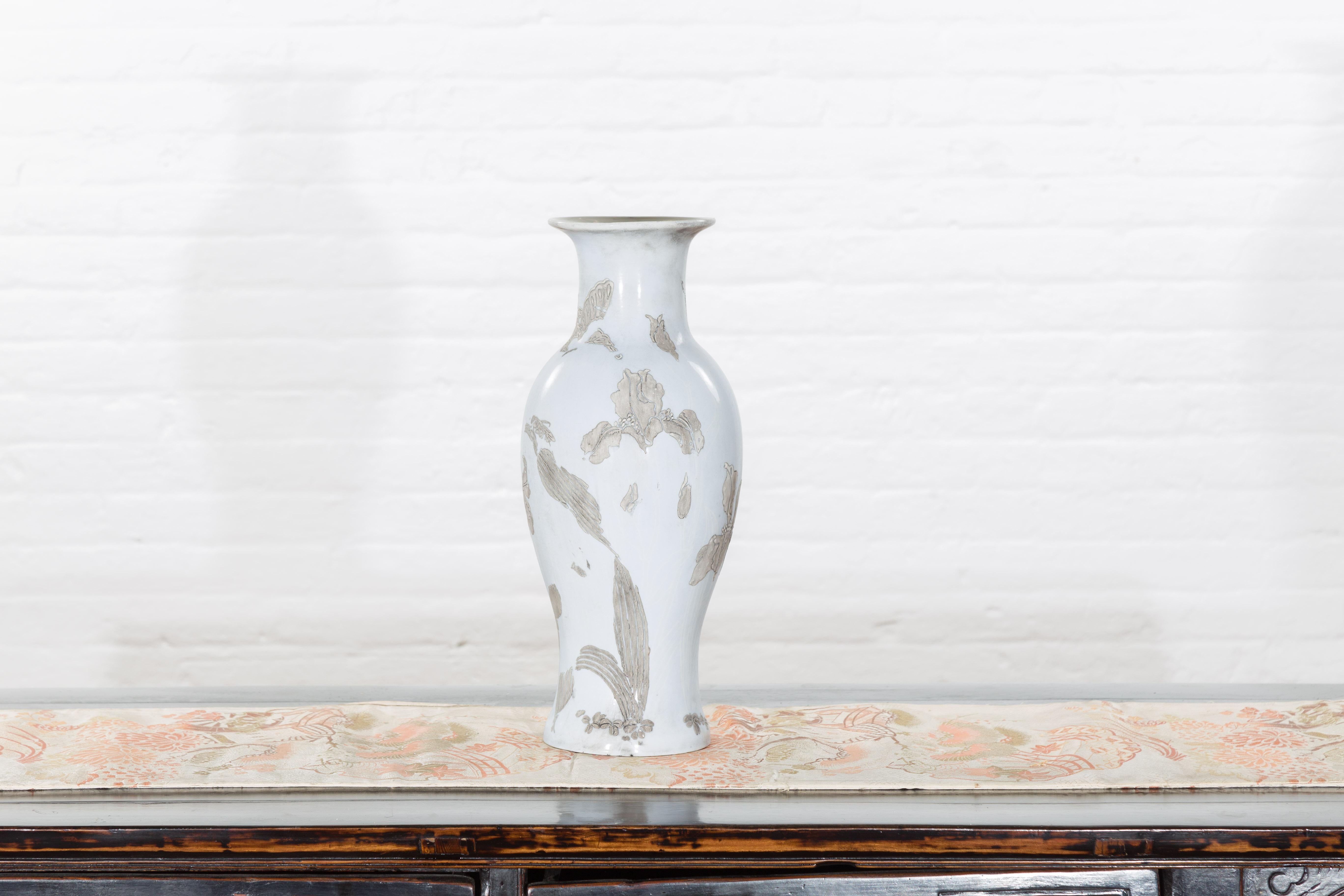 Qing 19th Century White Altar Vase with Silver Floral Design For Sale