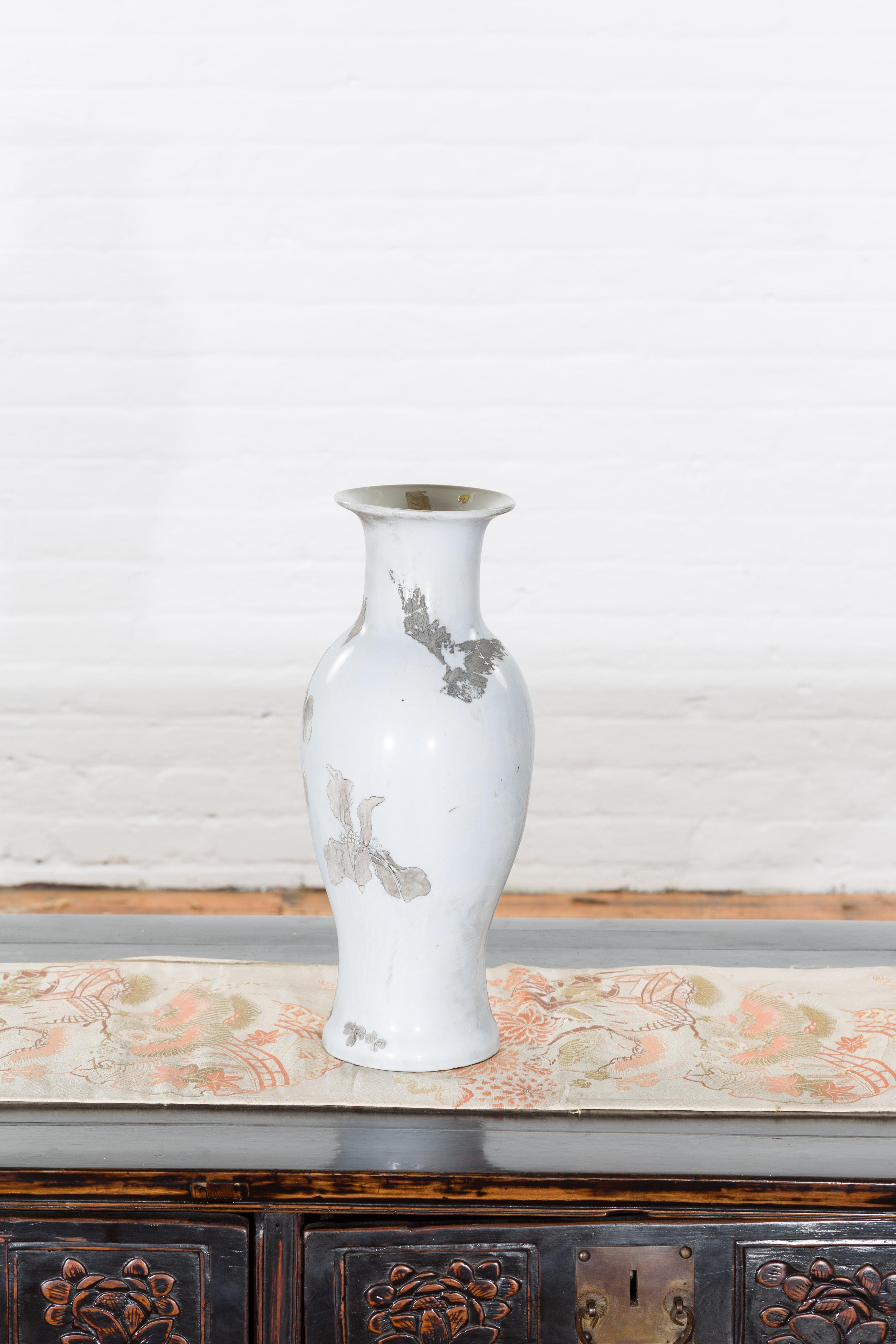 19th Century White Altar Vase with Silver Floral Design In Good Condition For Sale In Yonkers, NY