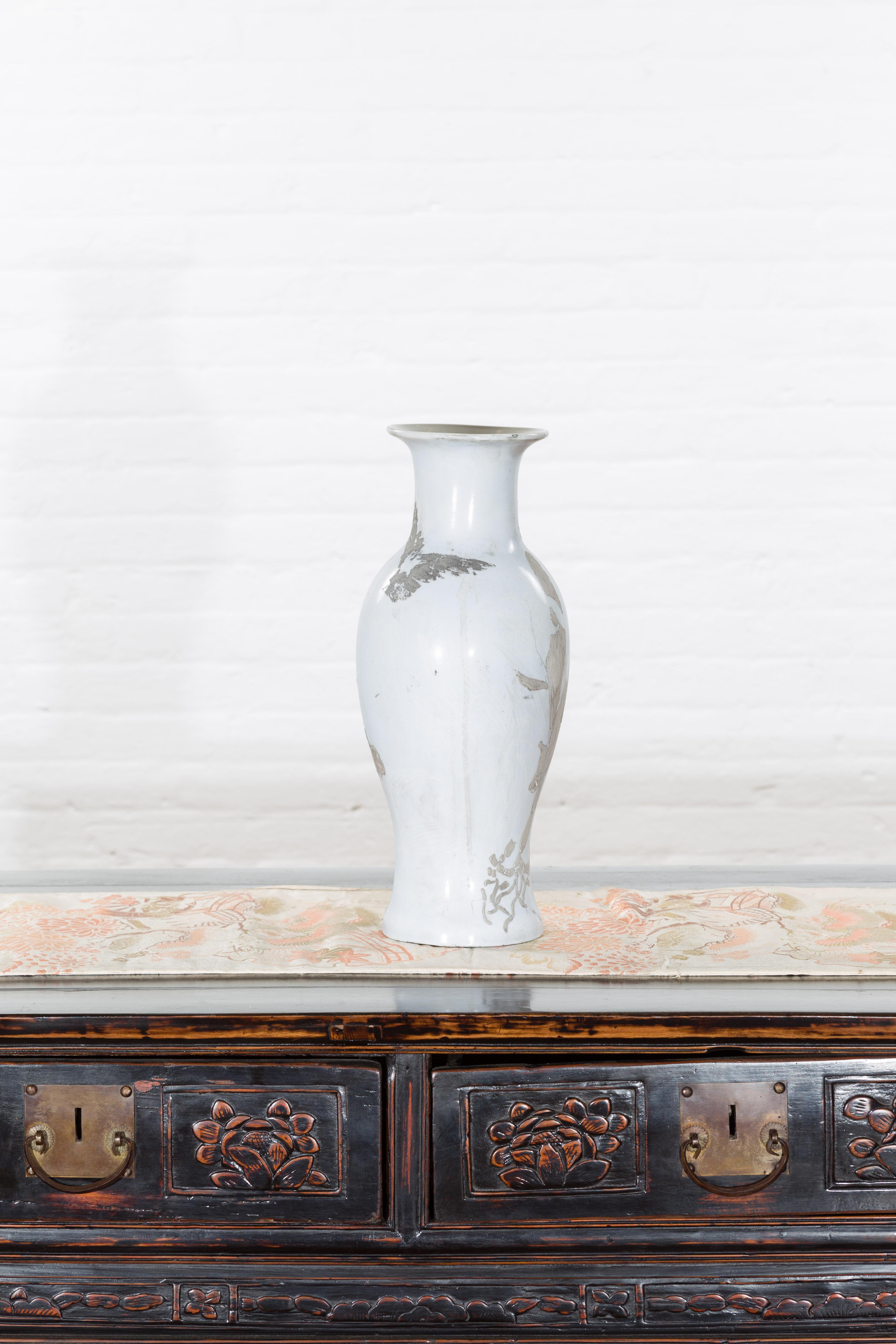 Ceramic 19th Century White Altar Vase with Silver Floral Design For Sale