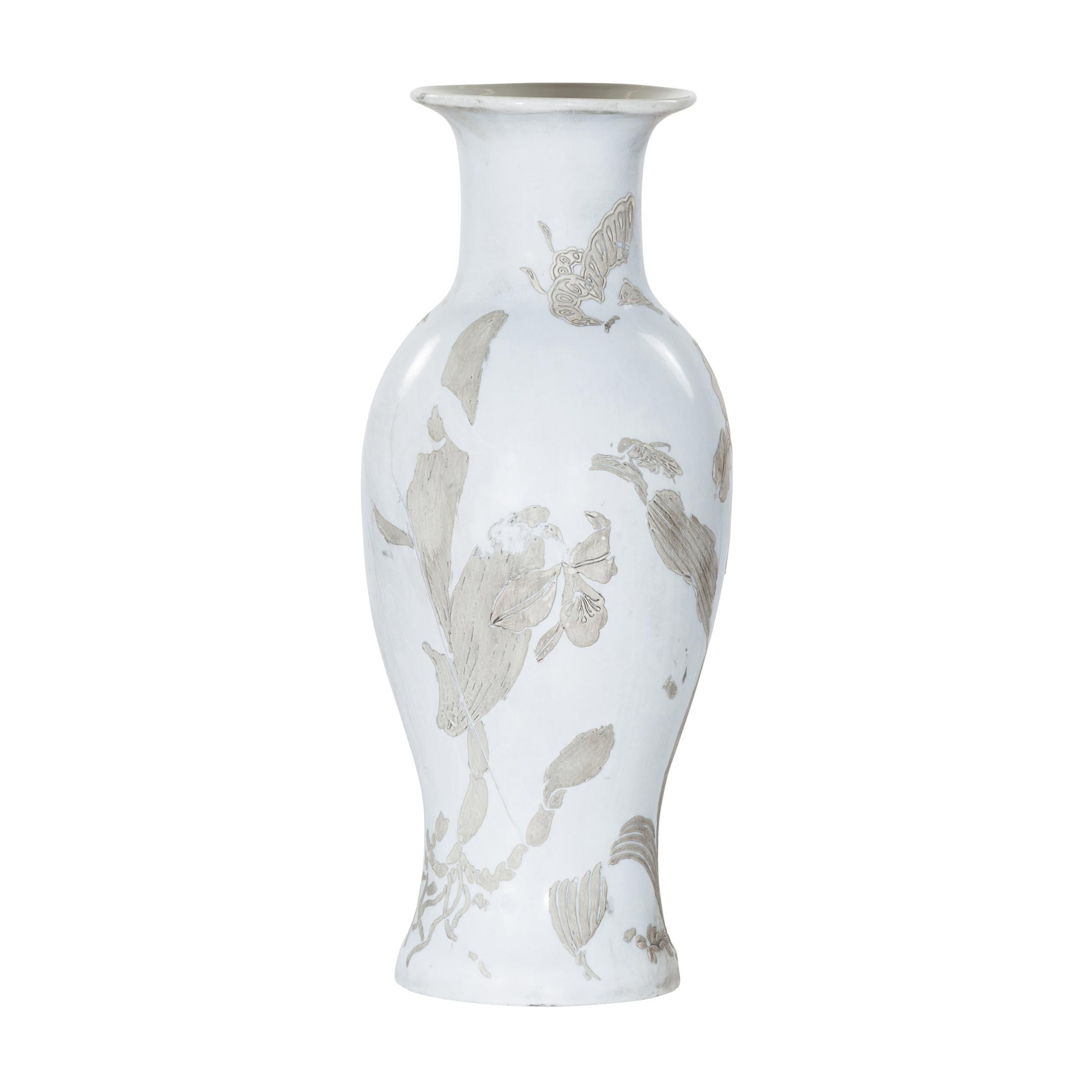 19th Century White Altar Vase with Silver Floral Design For Sale