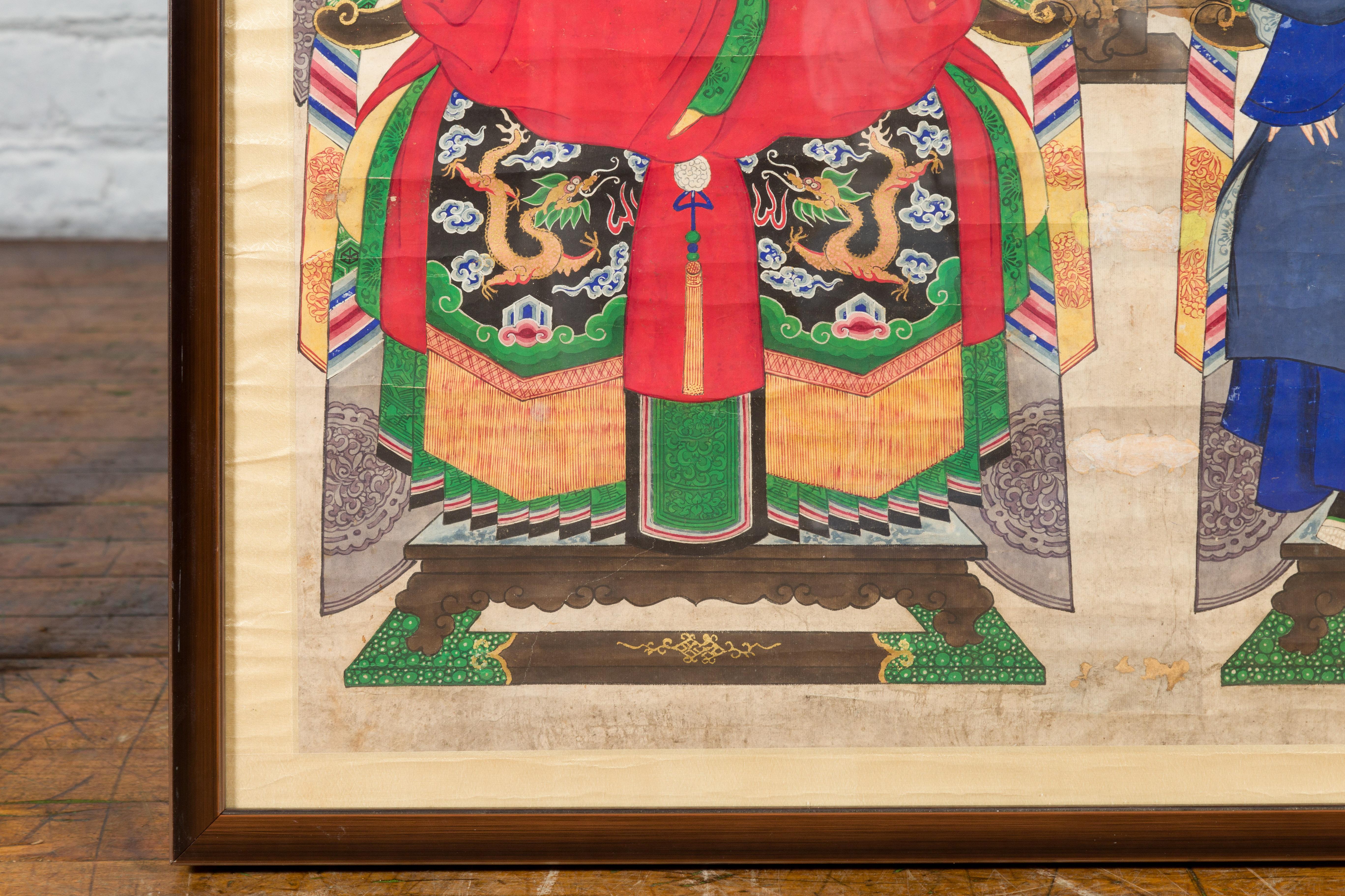 Chinese Qing Dynasty Period 19th Century Ancestor Group Portrait in Custom Frame For Sale 6