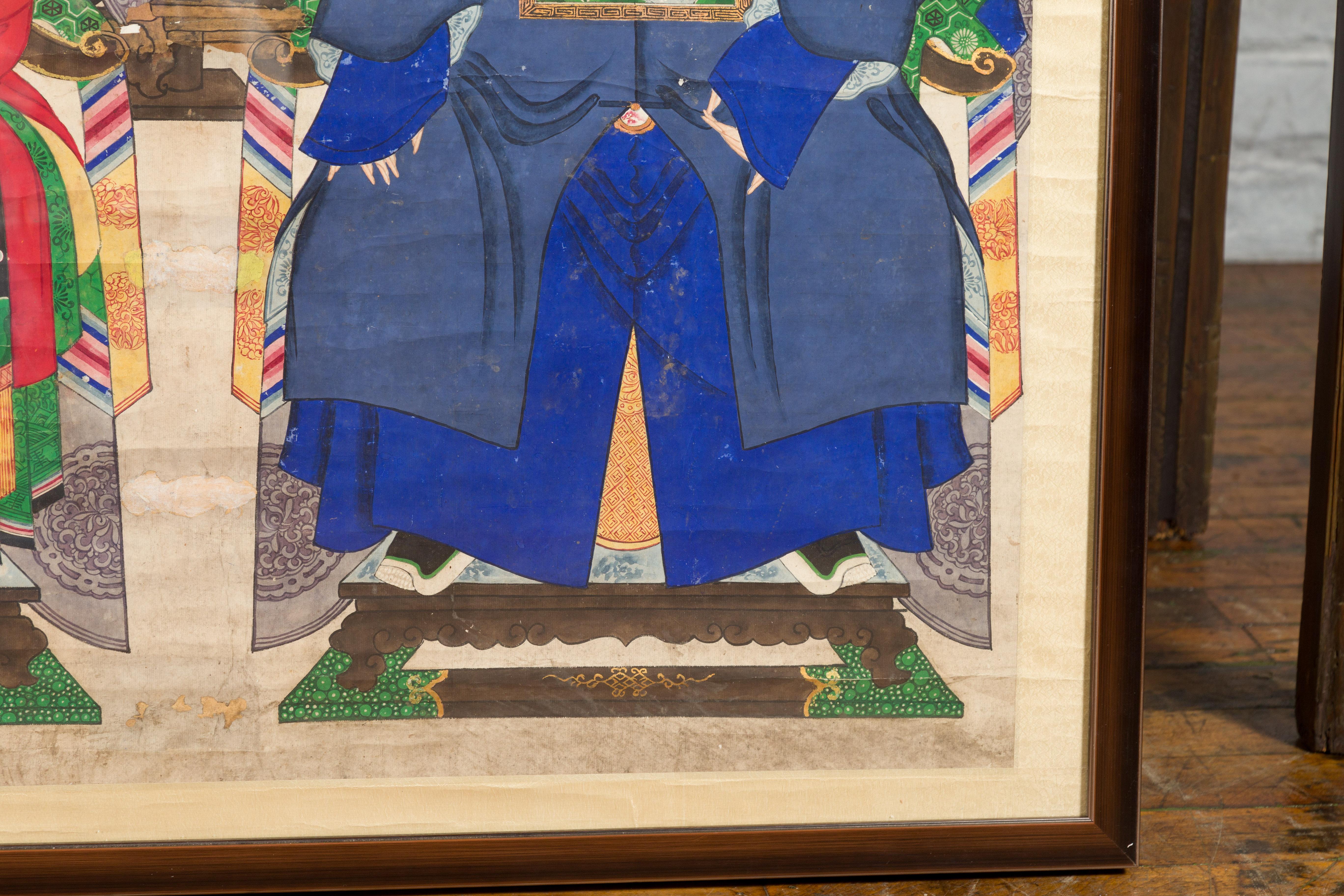 Portrait de groupe d'ancêtres de la période de la dynastie chinoise Qing du 19e siècle dans un cadre personnalisé en vente 3