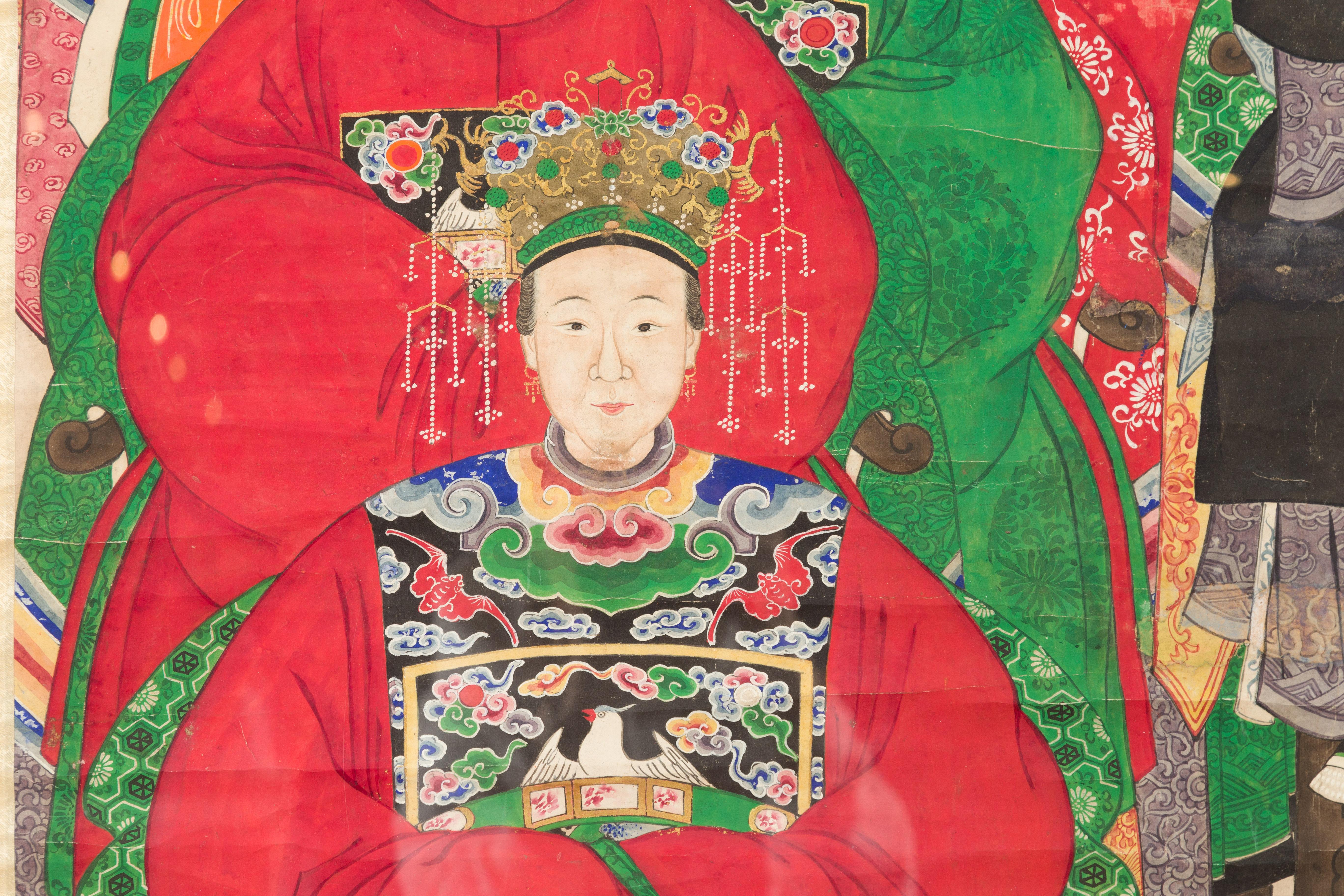 Portrait de groupe d'ancêtres de la période de la dynastie chinoise Qing du 19e siècle dans un cadre personnalisé en vente 8