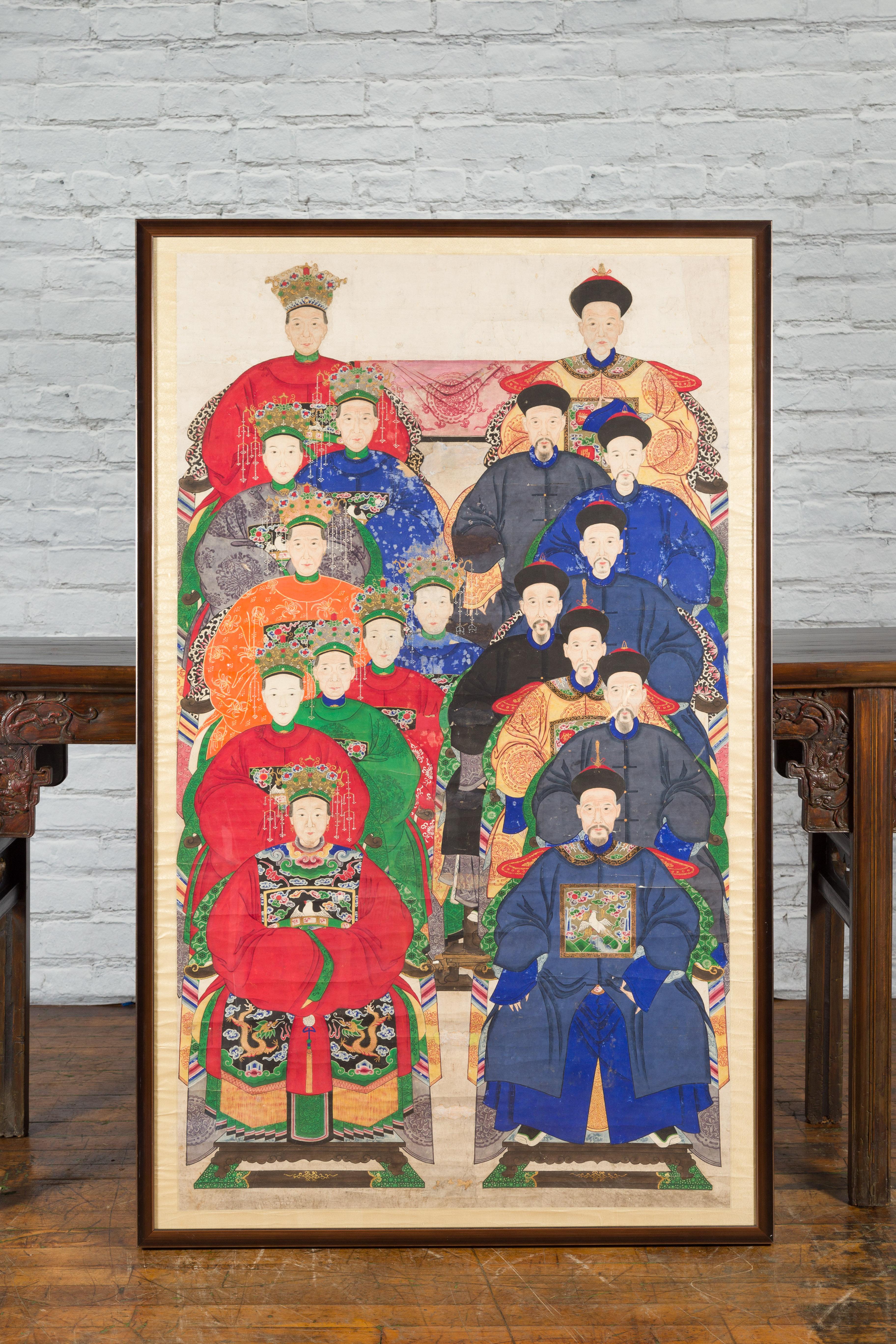 Painted Chinese Qing Dynasty Period 19th Century Ancestor Group Portrait in Custom Frame For Sale