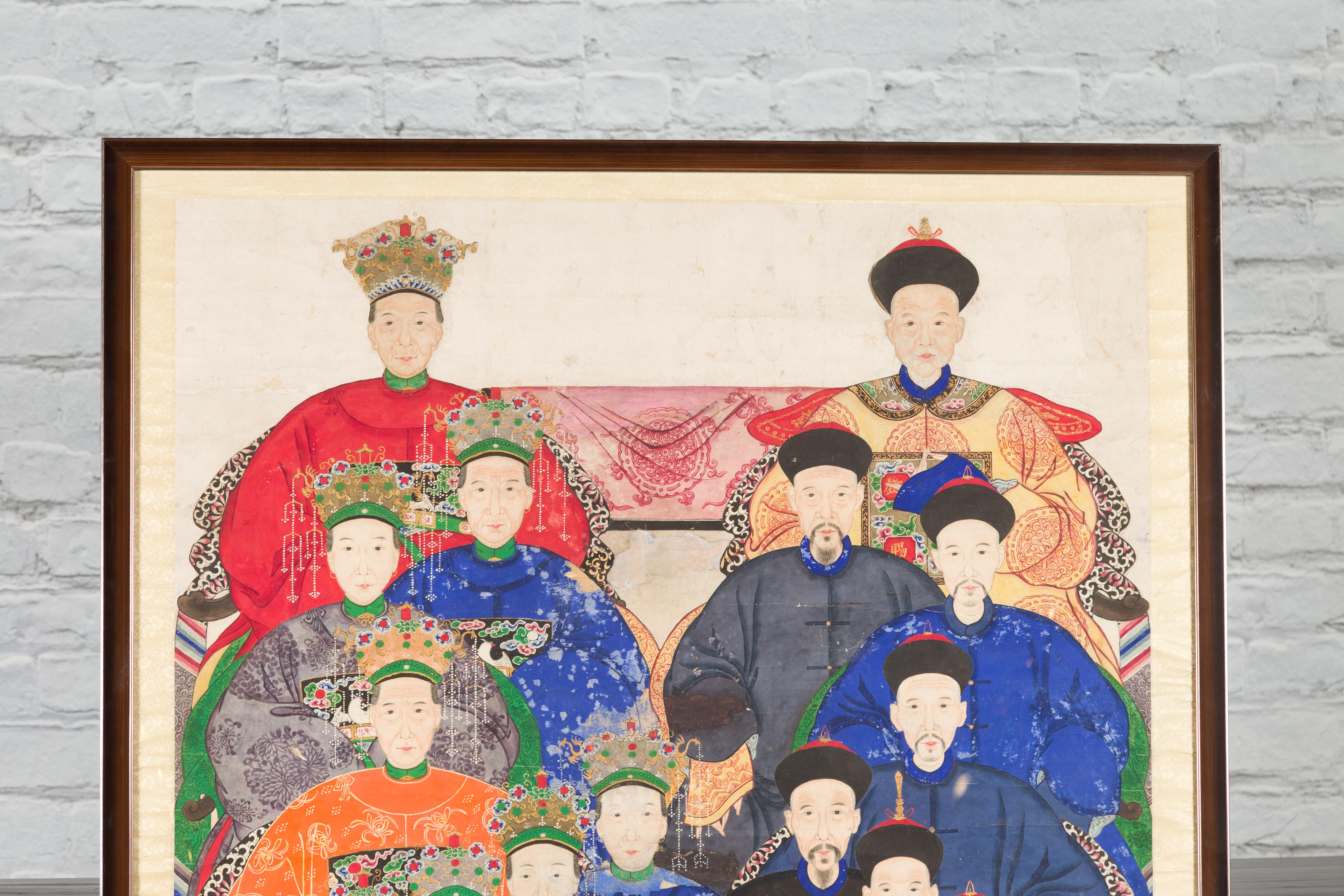 Chinese Qing Dynasty Period 19th Century Ancestor Group Portrait in Custom Frame In Good Condition For Sale In Yonkers, NY