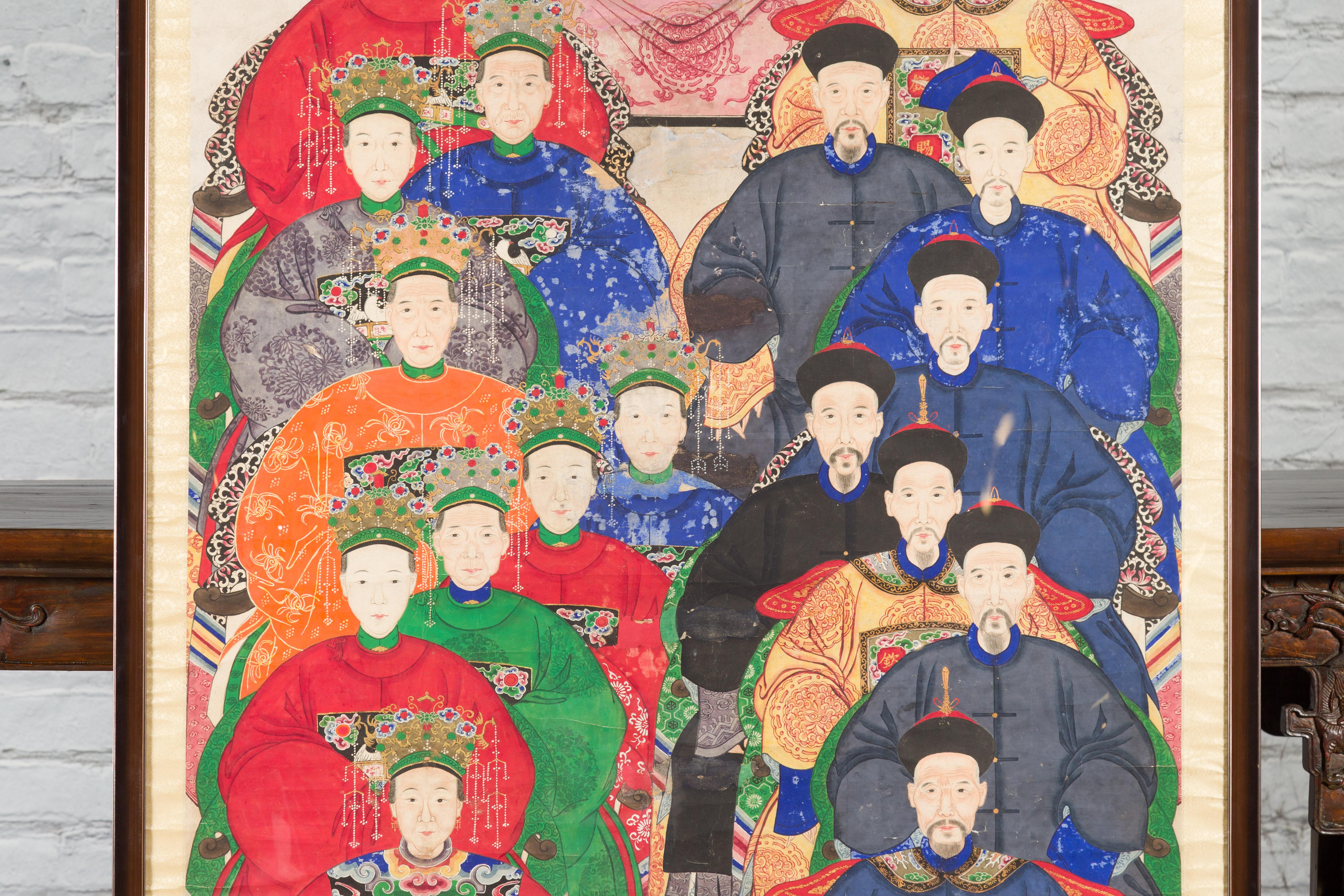 Canvas Chinese Qing Dynasty Period 19th Century Ancestor Group Portrait in Custom Frame For Sale