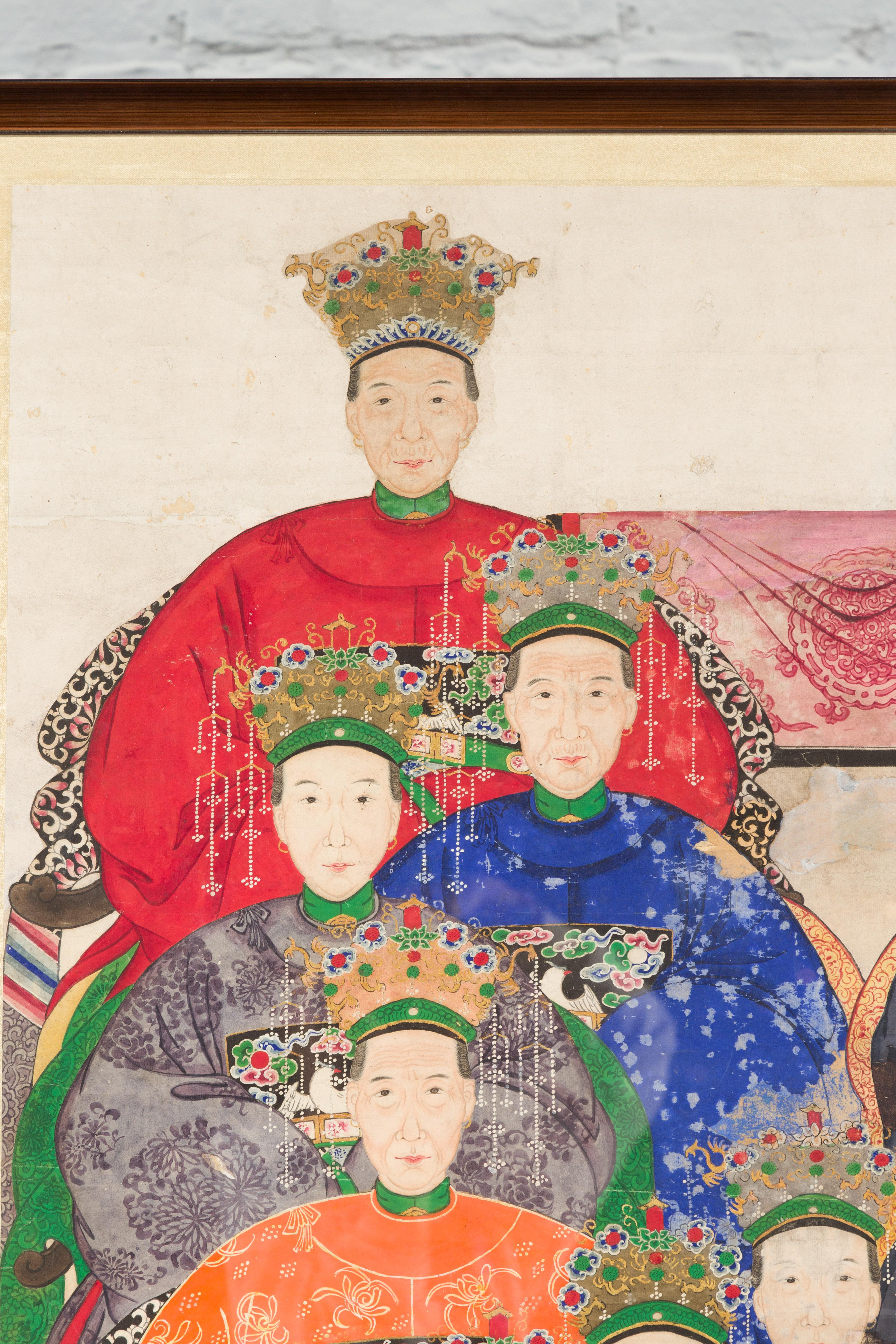 XIXe siècle Portrait de groupe d'ancêtres de la période de la dynastie chinoise Qing du 19e siècle dans un cadre personnalisé en vente