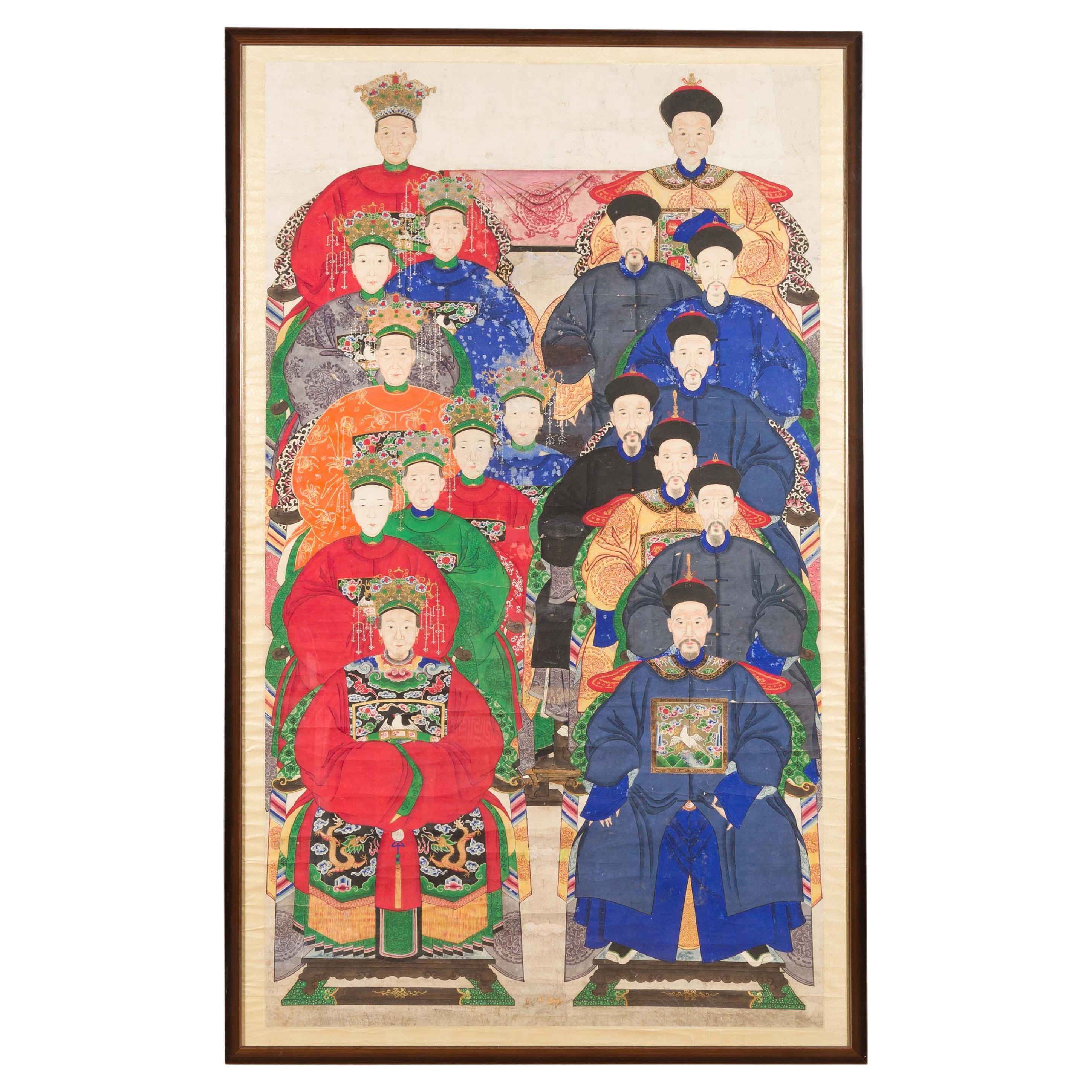 Chinese Qing Dynasty Period 19th Century Ancestor Group Portrait in Custom Frame