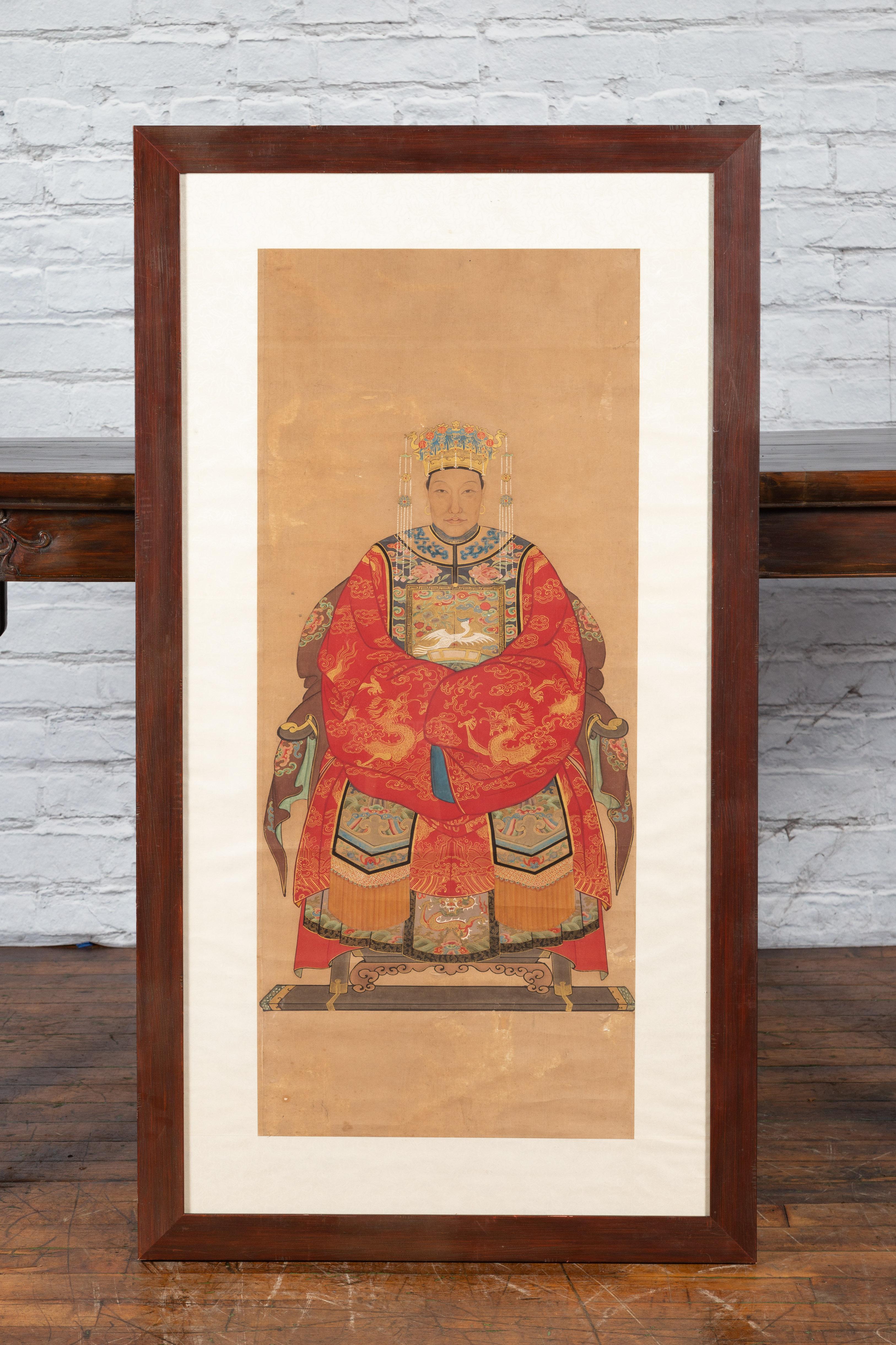 Gilt Chinese Qing Dynasty 19th Century Official's Wife Painting on Linen Canvas For Sale