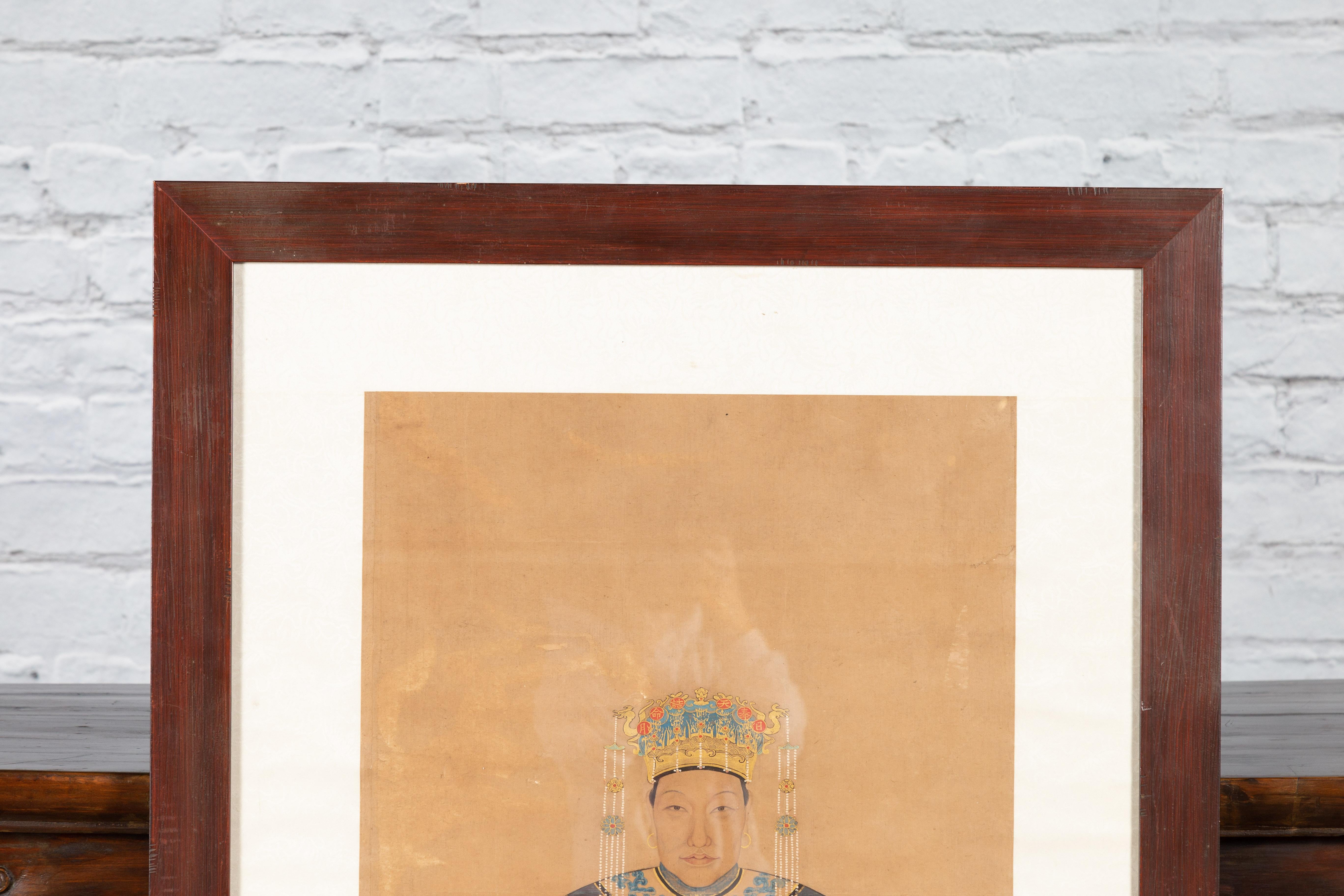 Chinese Qing Dynasty 19th Century Official's Wife Painting on Linen Canvas In Good Condition For Sale In Yonkers, NY