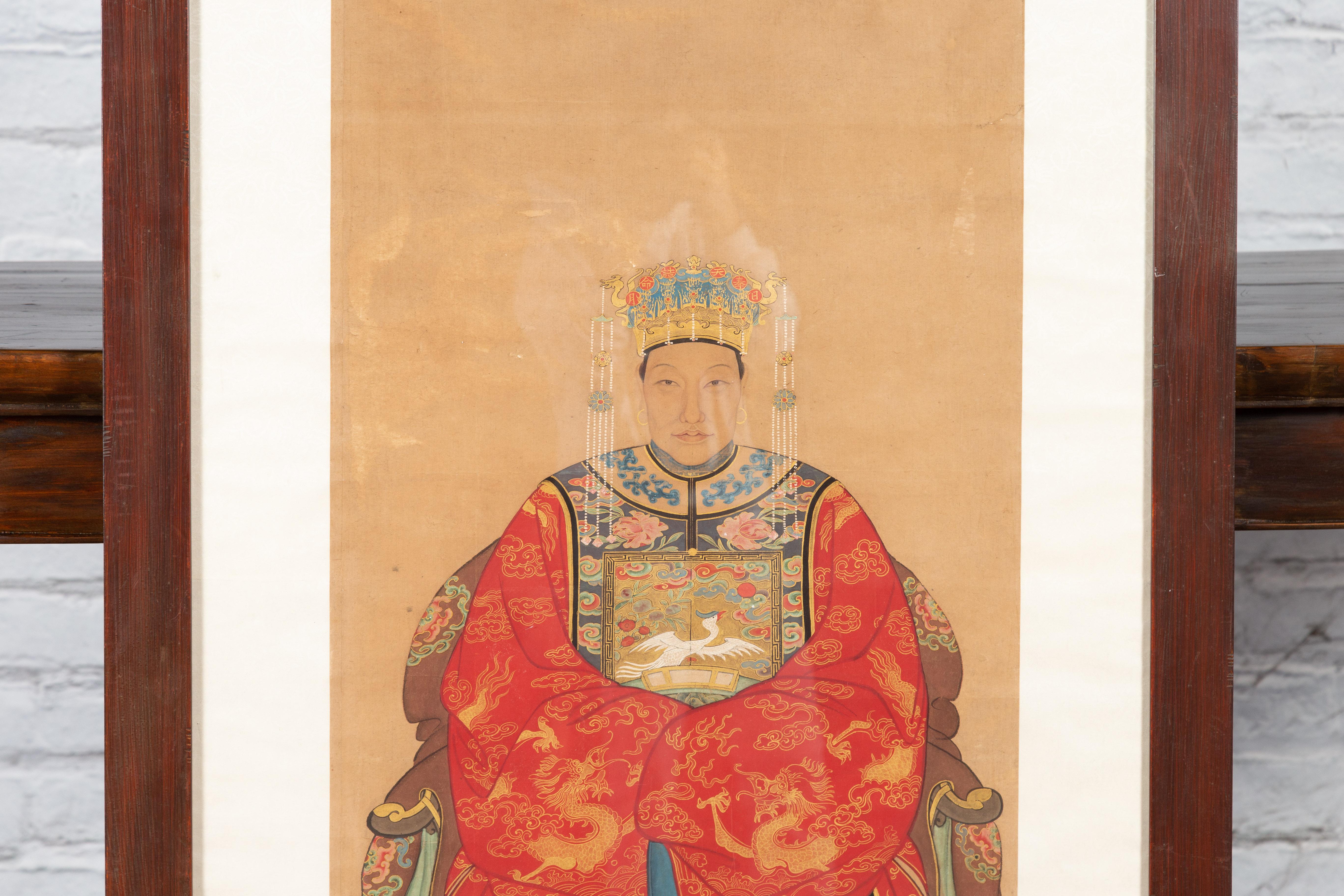 Chinese Qing Dynasty 19th Century Official's Wife Painting on Linen Canvas For Sale 1