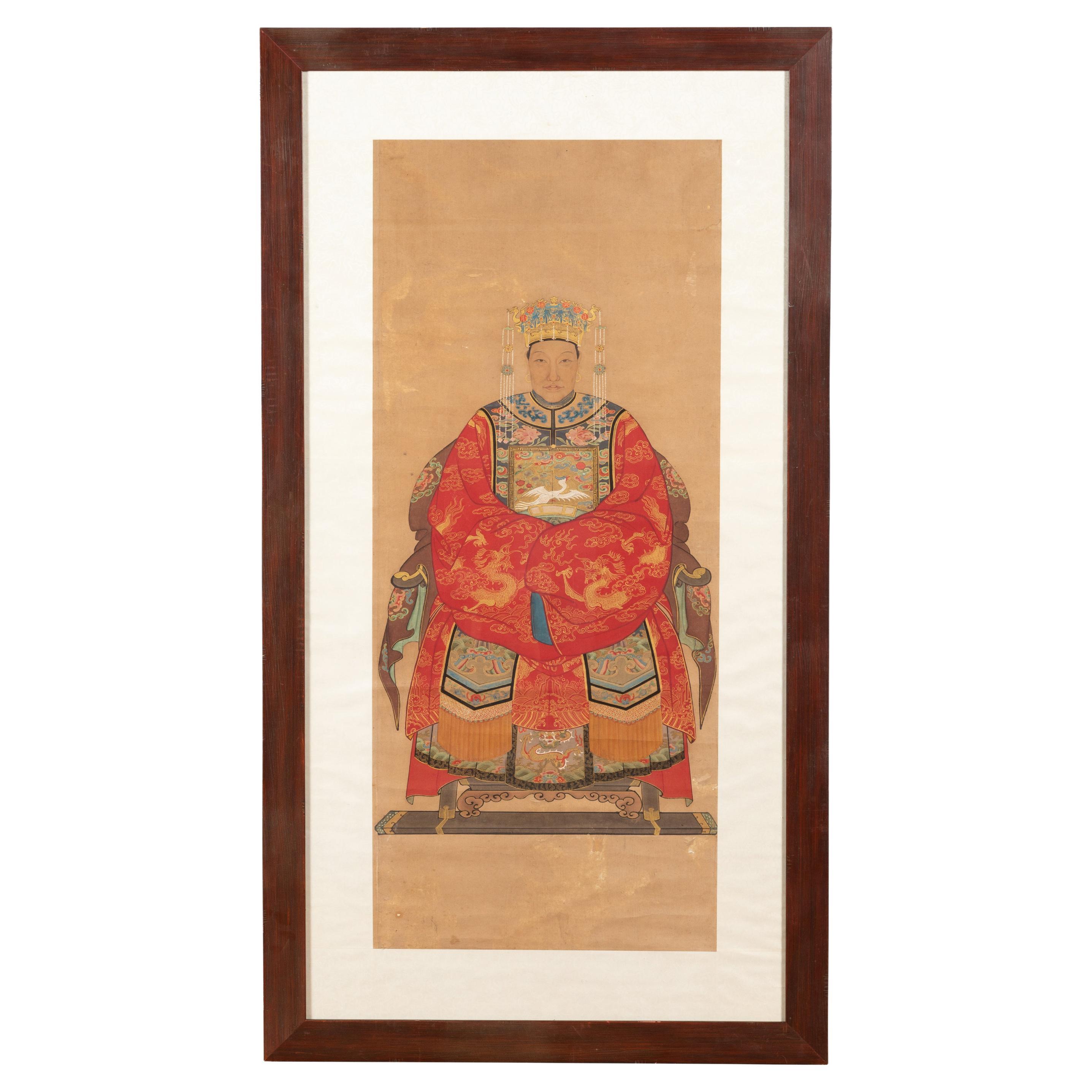 Chinese Qing Dynasty 19th Century Official's Wife Painting on Linen Canvas For Sale