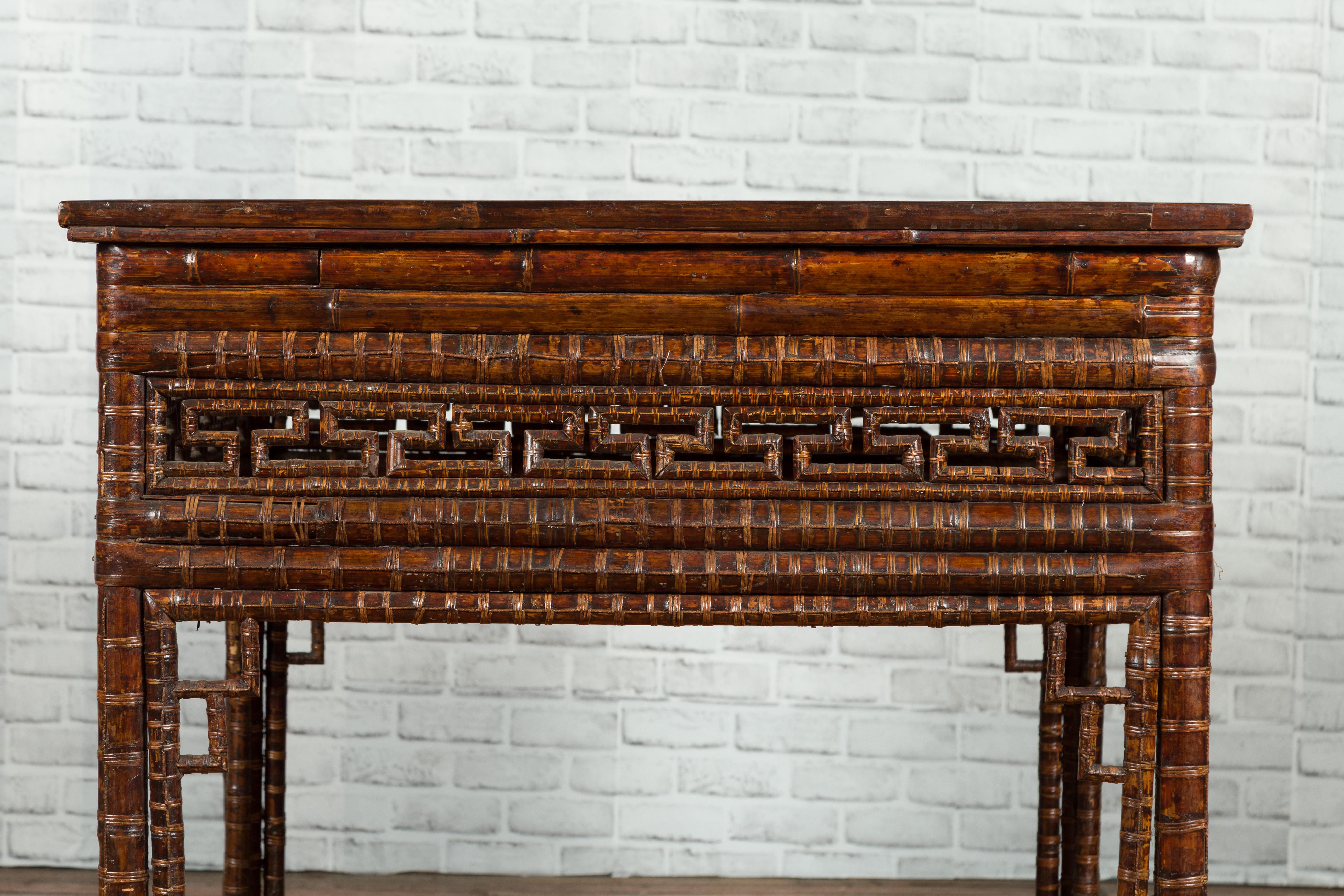 Chinese Qing Dynasty Period 19th Century Bamboo Hall Table with Fretwork Motifs For Sale 2