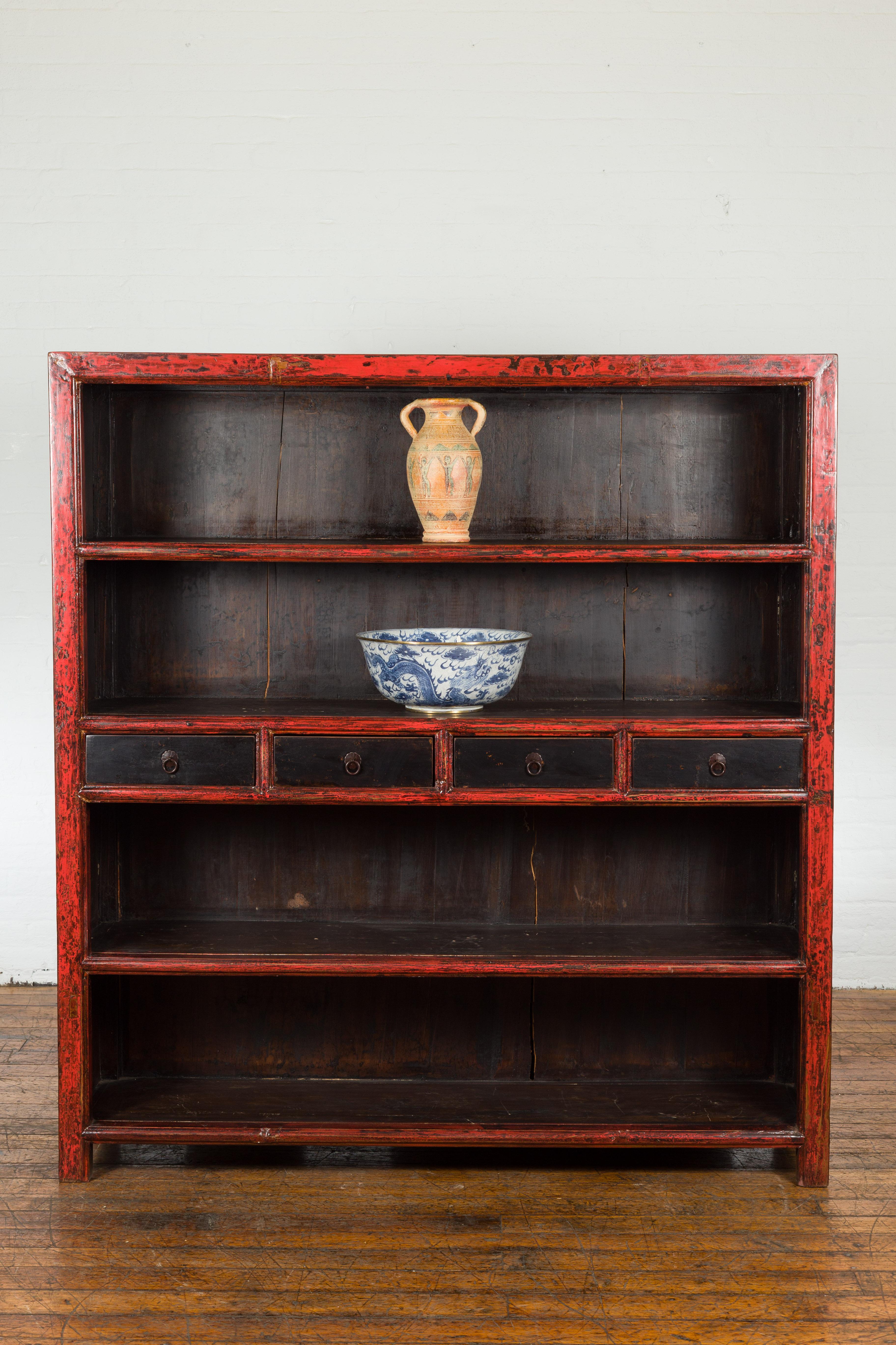 Chinese Qing Dynasty Period 19th Century Bookcase with Red and Brown Lacquer For Sale 8