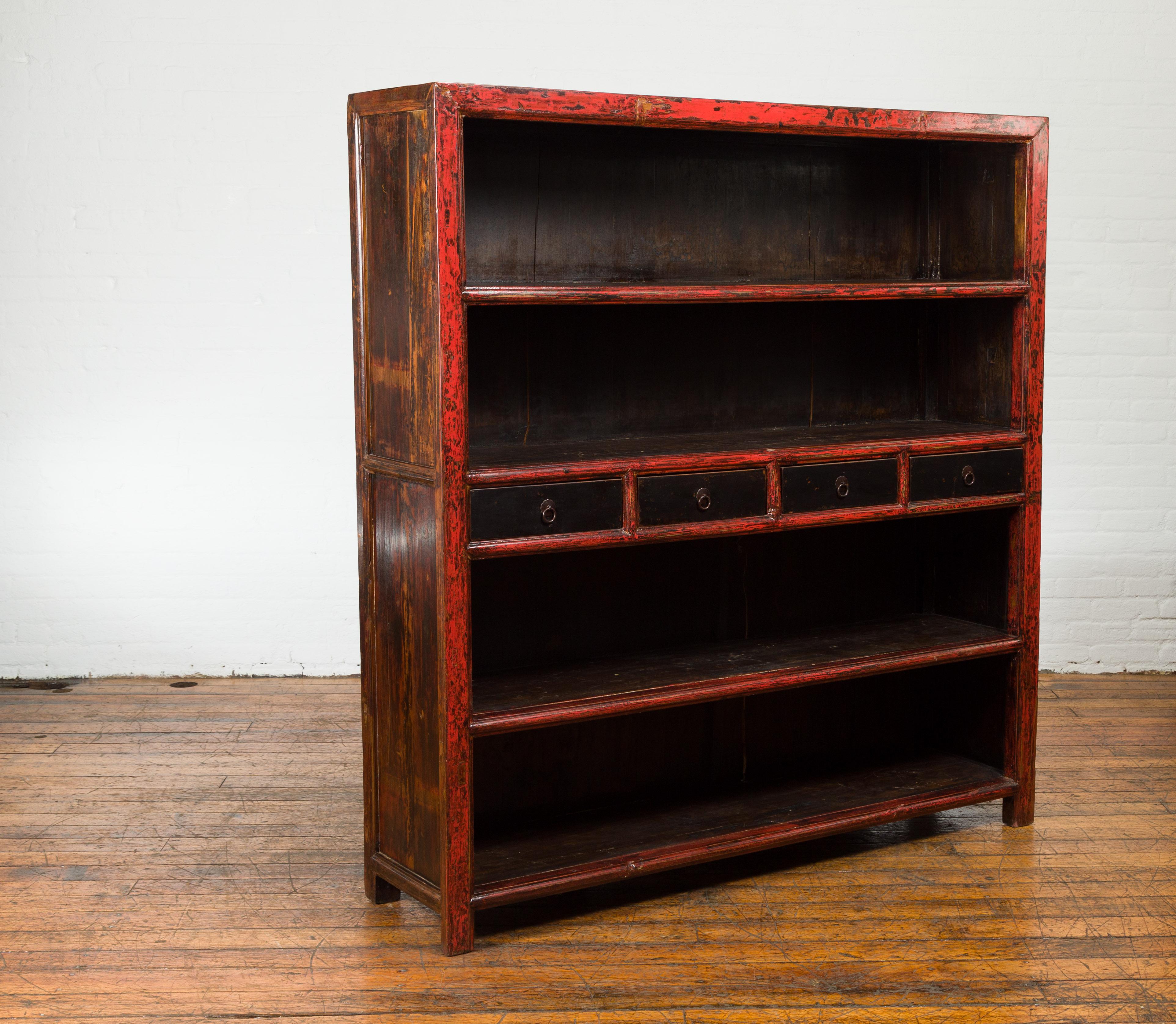 Chinese Qing Dynasty Period 19th Century Bookcase with Red and Brown Lacquer For Sale 9