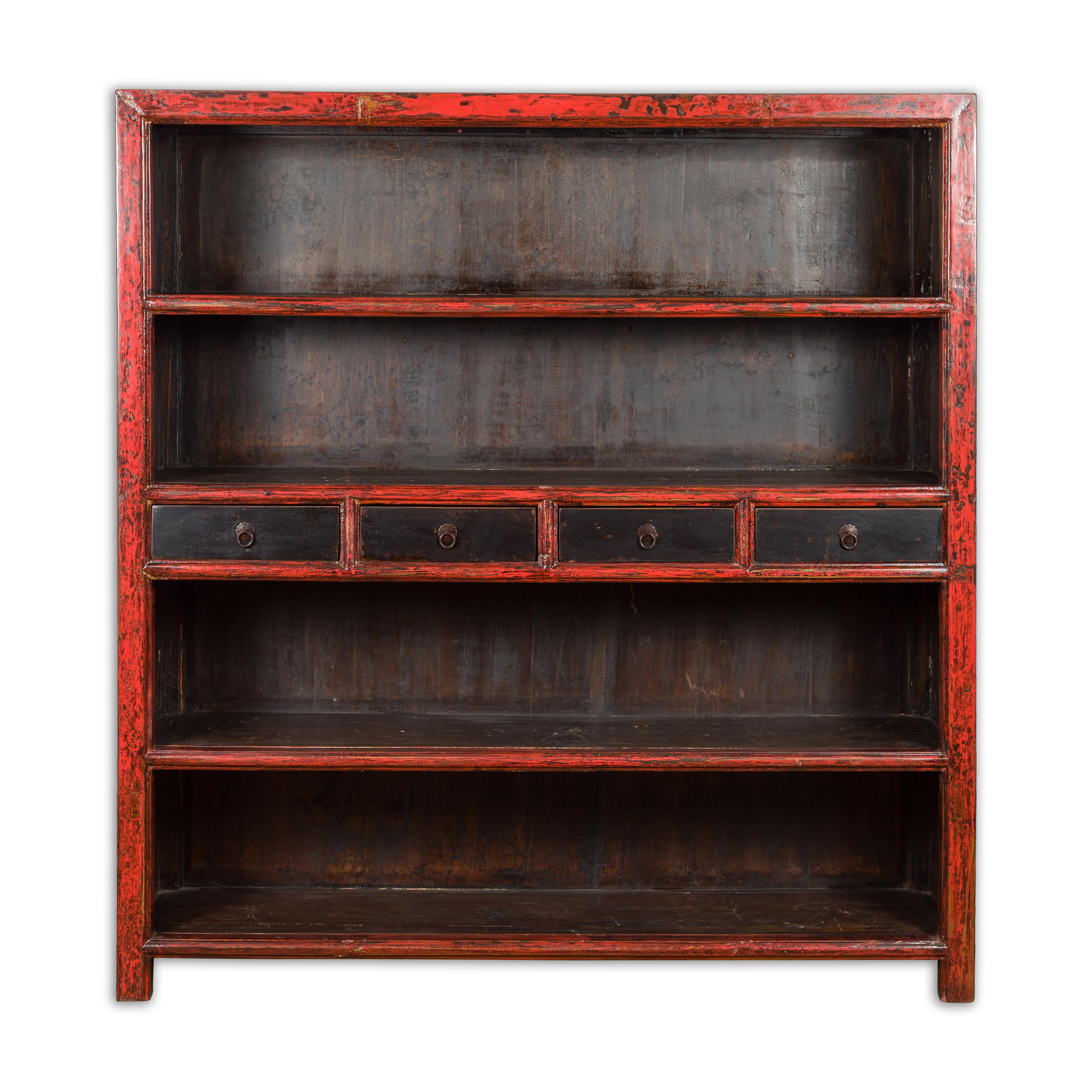 Chinese Qing Dynasty Period 19th Century Bookcase with Red and Brown Lacquer For Sale 13