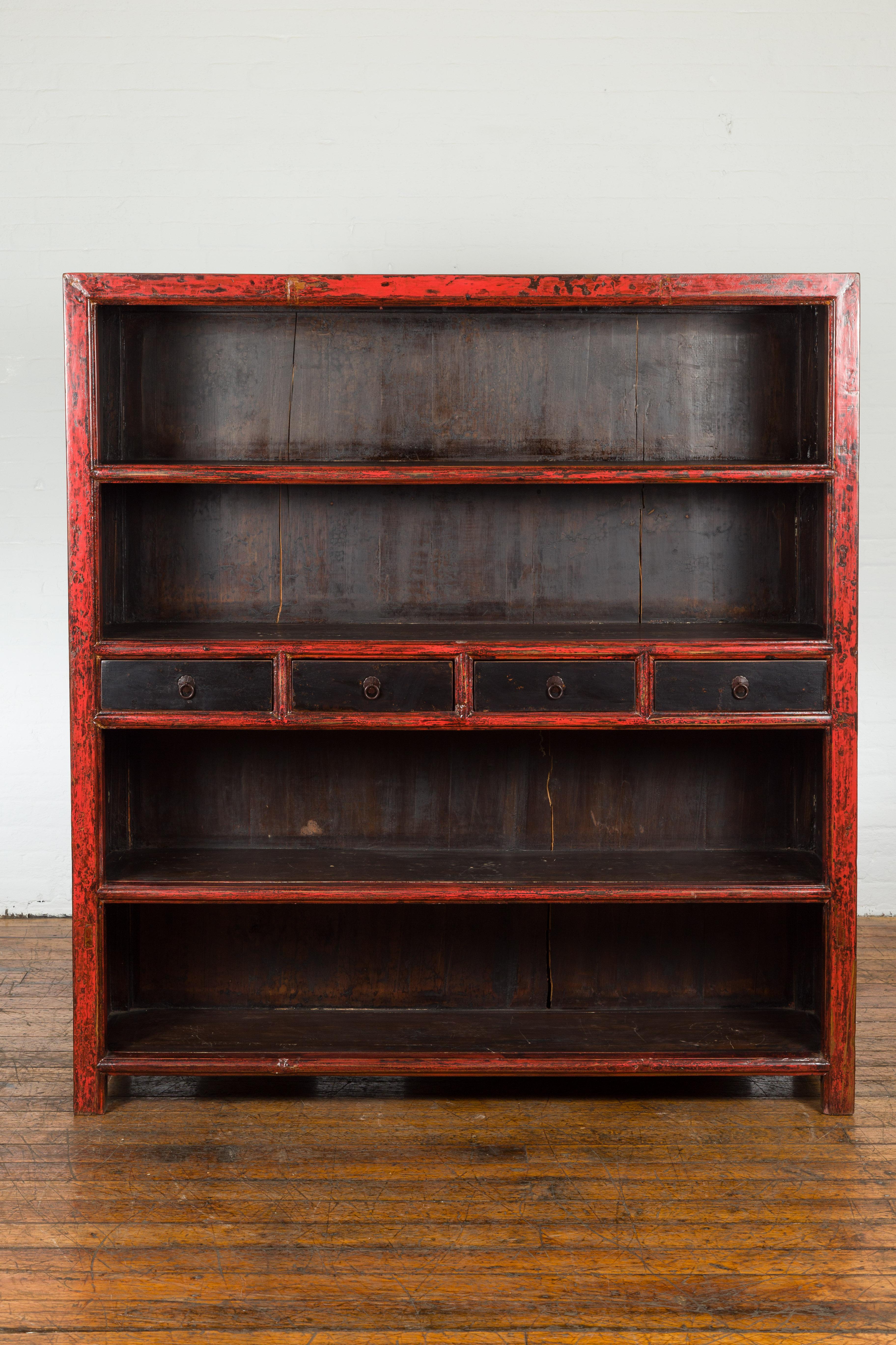 Lacquered Chinese Qing Dynasty Period 19th Century Bookcase with Red and Brown Lacquer For Sale