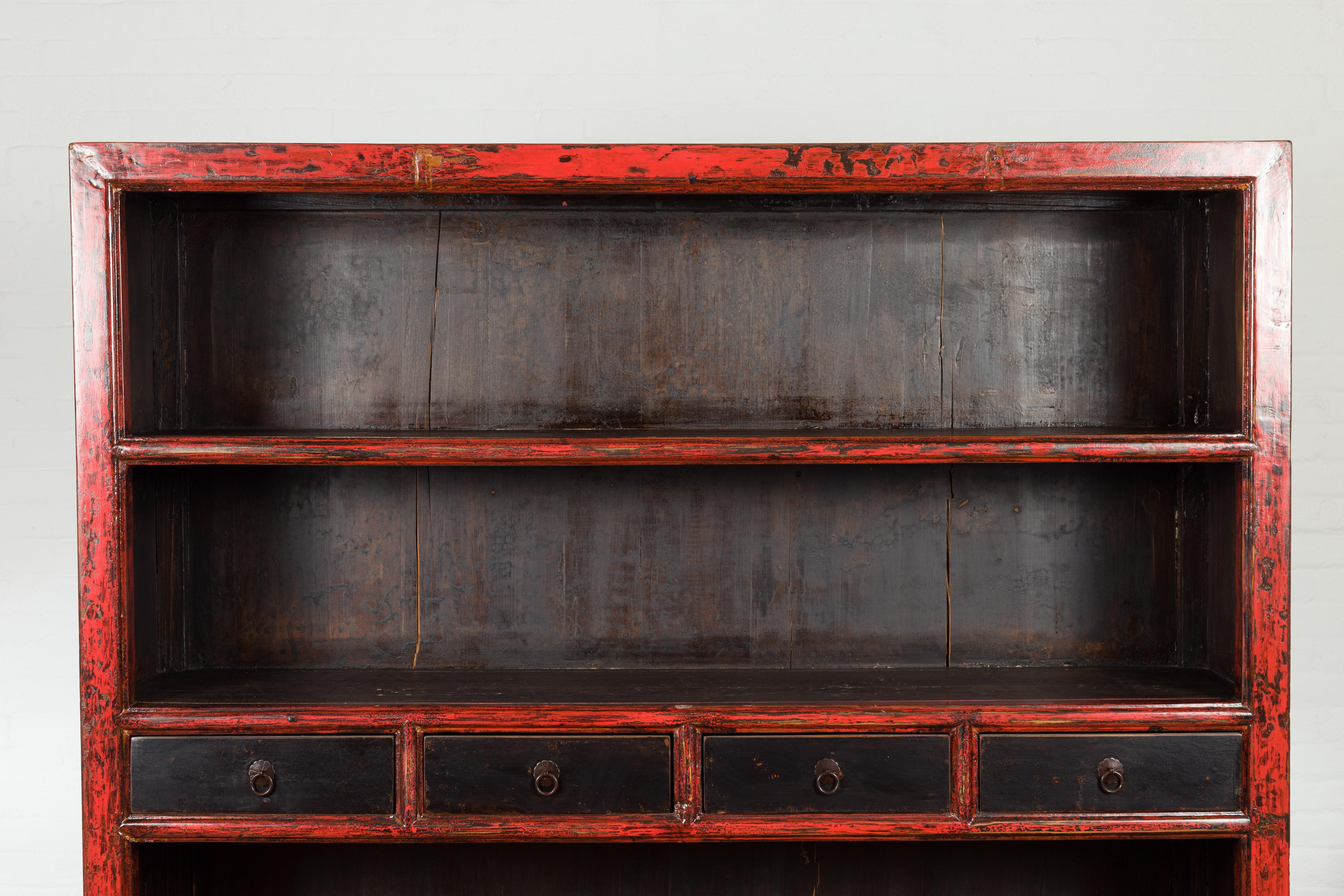 Chinese Qing Dynasty Period 19th Century Bookcase with Red and Brown Lacquer In Good Condition For Sale In Yonkers, NY