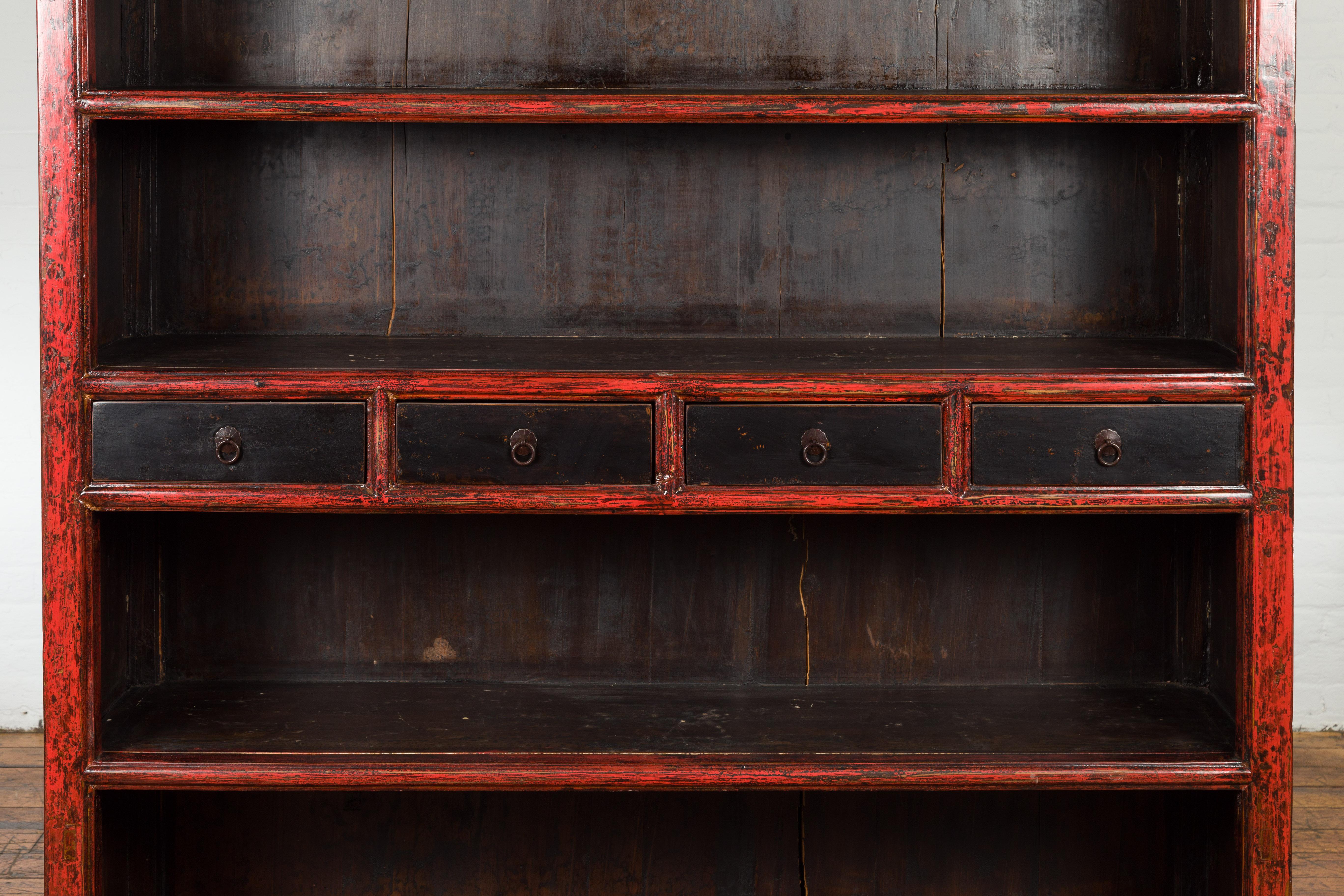 Iron Chinese Qing Dynasty Period 19th Century Bookcase with Red and Brown Lacquer For Sale