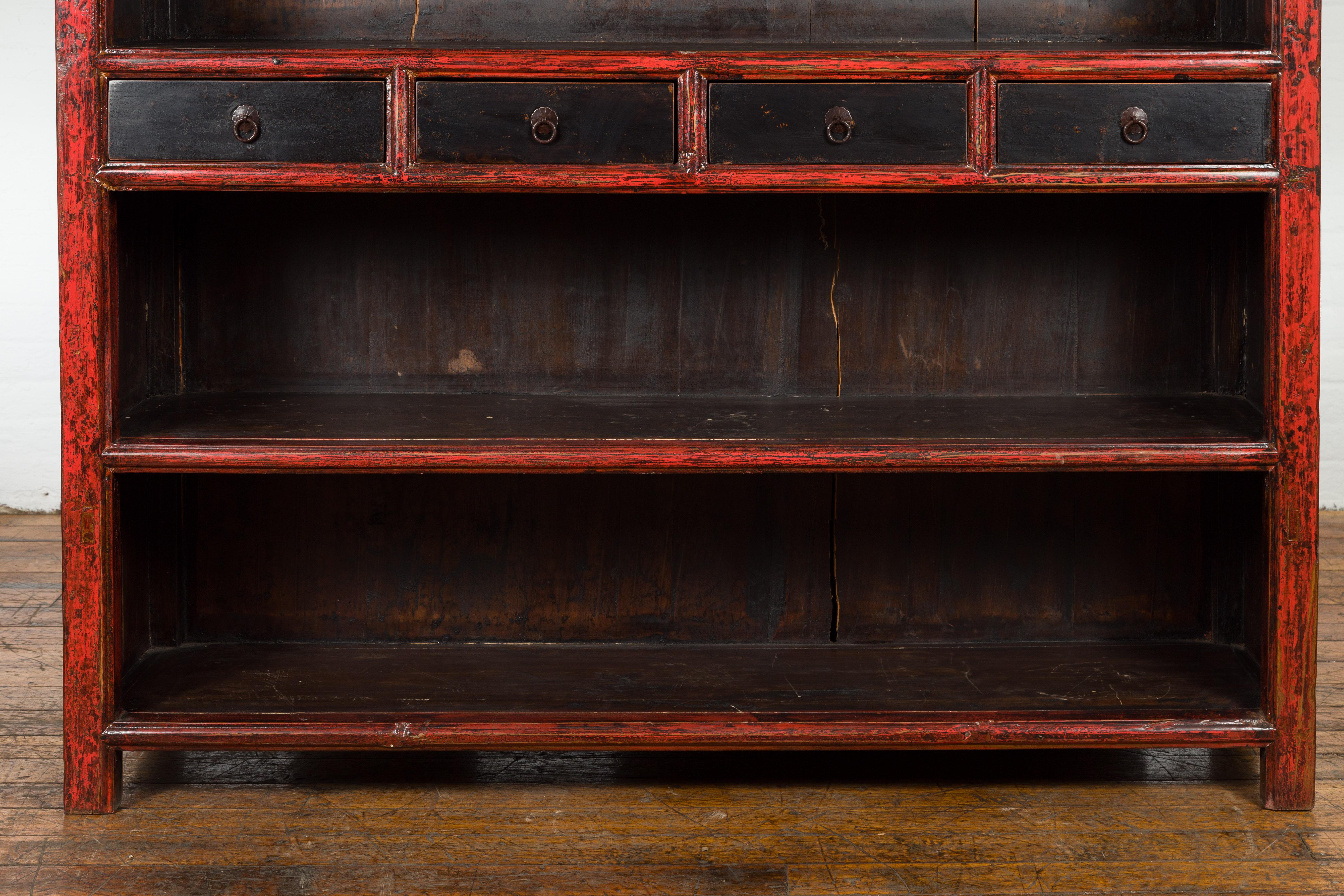 Chinese Qing Dynasty Period 19th Century Bookcase with Red and Brown Lacquer For Sale 3