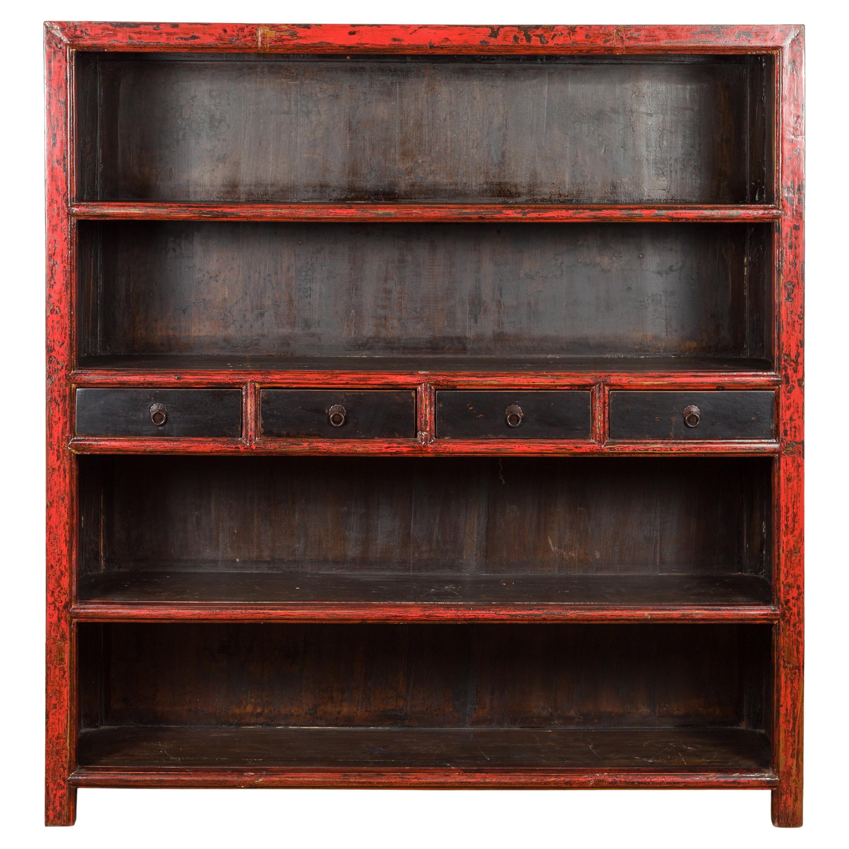 Chinese Qing Dynasty Period 19th Century Bookcase with Red and Brown Lacquer