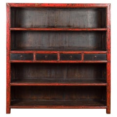 Antique Chinese Qing Dynasty Period 19th Century Bookcase with Red and Brown Lacquer