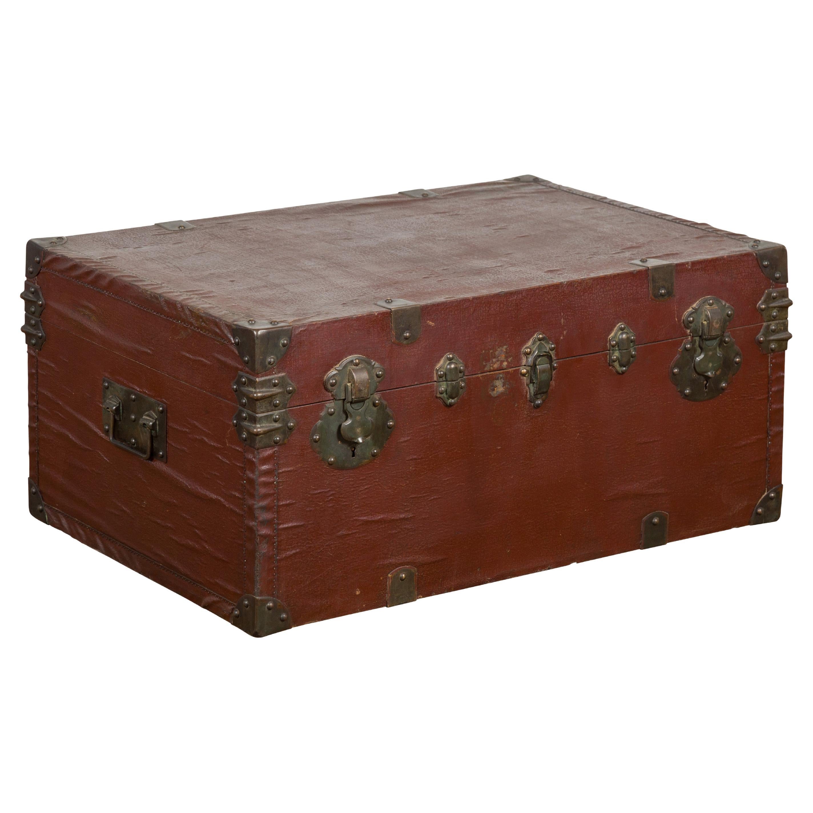Chinese Qing Dynasty Period 19th Century Brown Leather Trunk with Brass Hardware For Sale