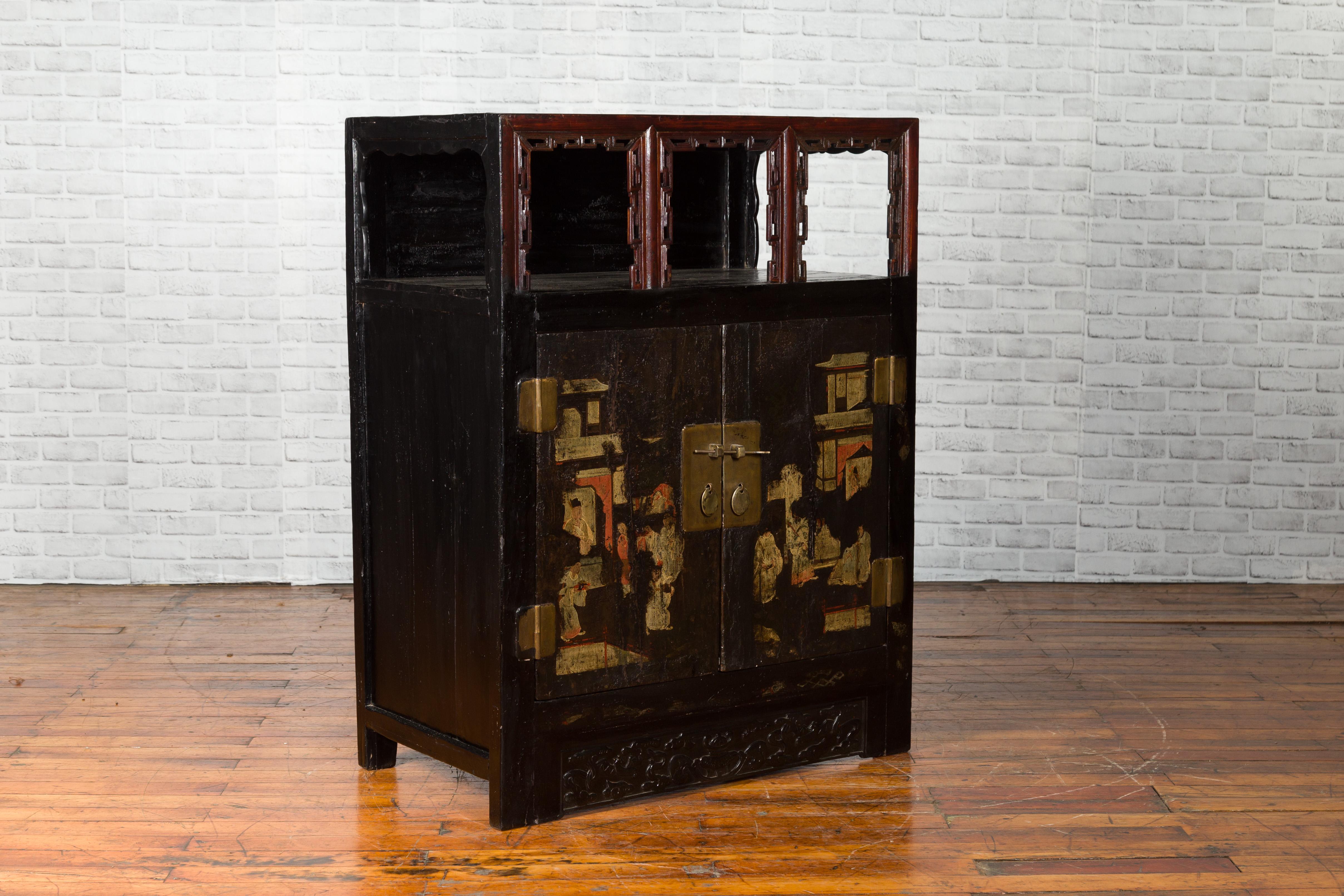 Lacquered Chinese Qing Dynasty Period 19th Century Cabinet with Original Brown Lacquer For Sale