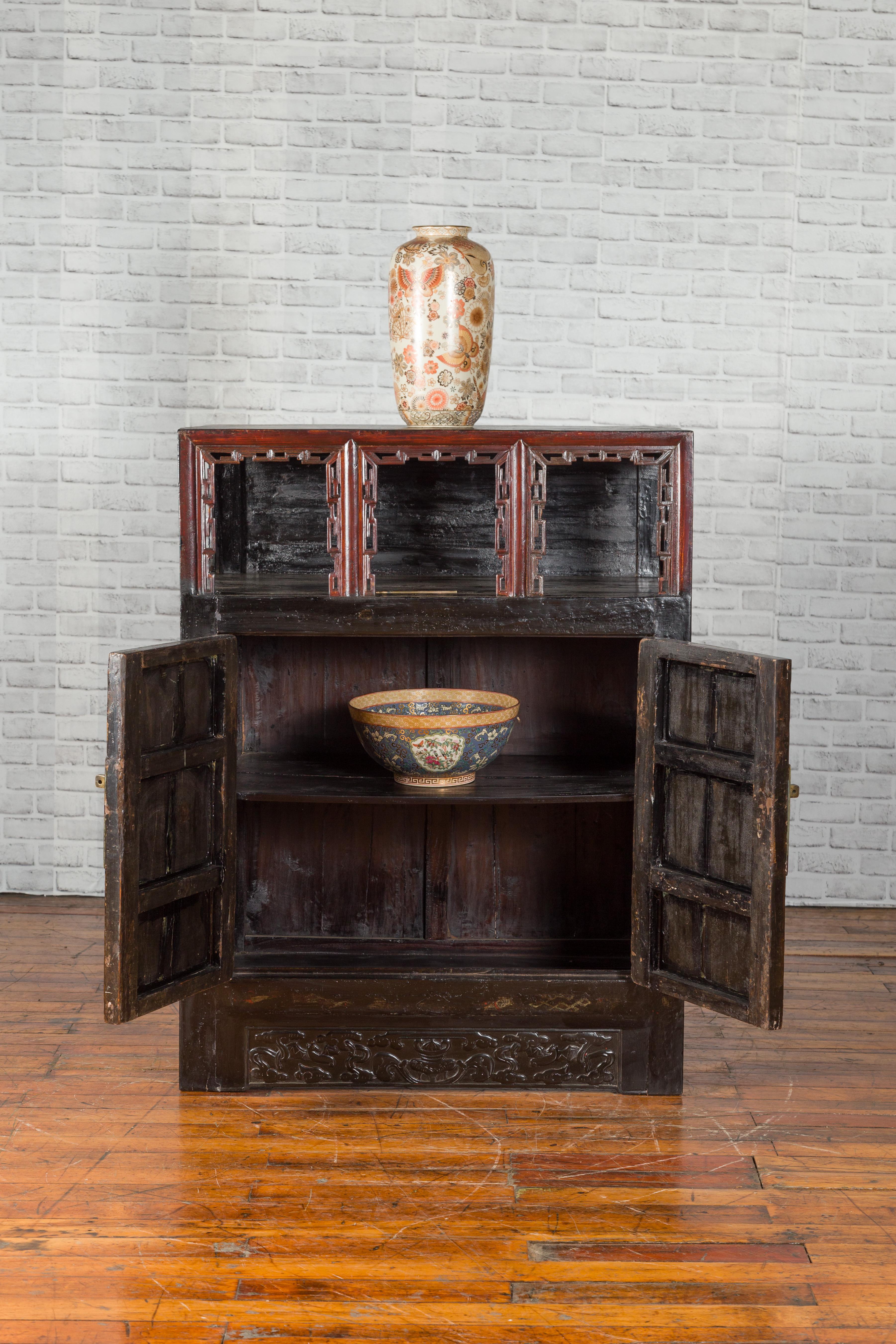 Chinese Qing Dynasty Period 19th Century Cabinet with Original Brown Lacquer In Good Condition For Sale In Yonkers, NY