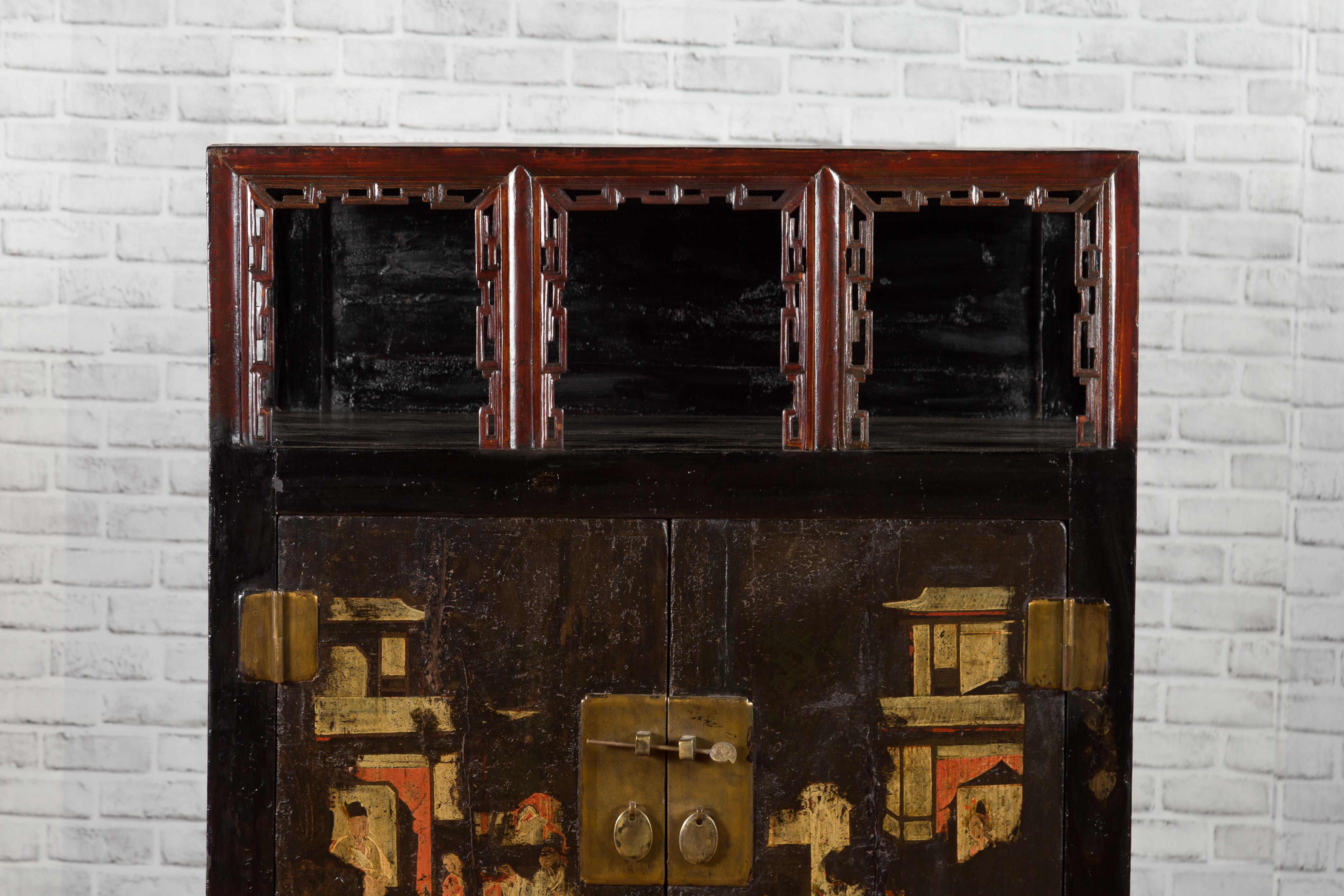 Wood Chinese Qing Dynasty Period 19th Century Cabinet with Original Brown Lacquer For Sale