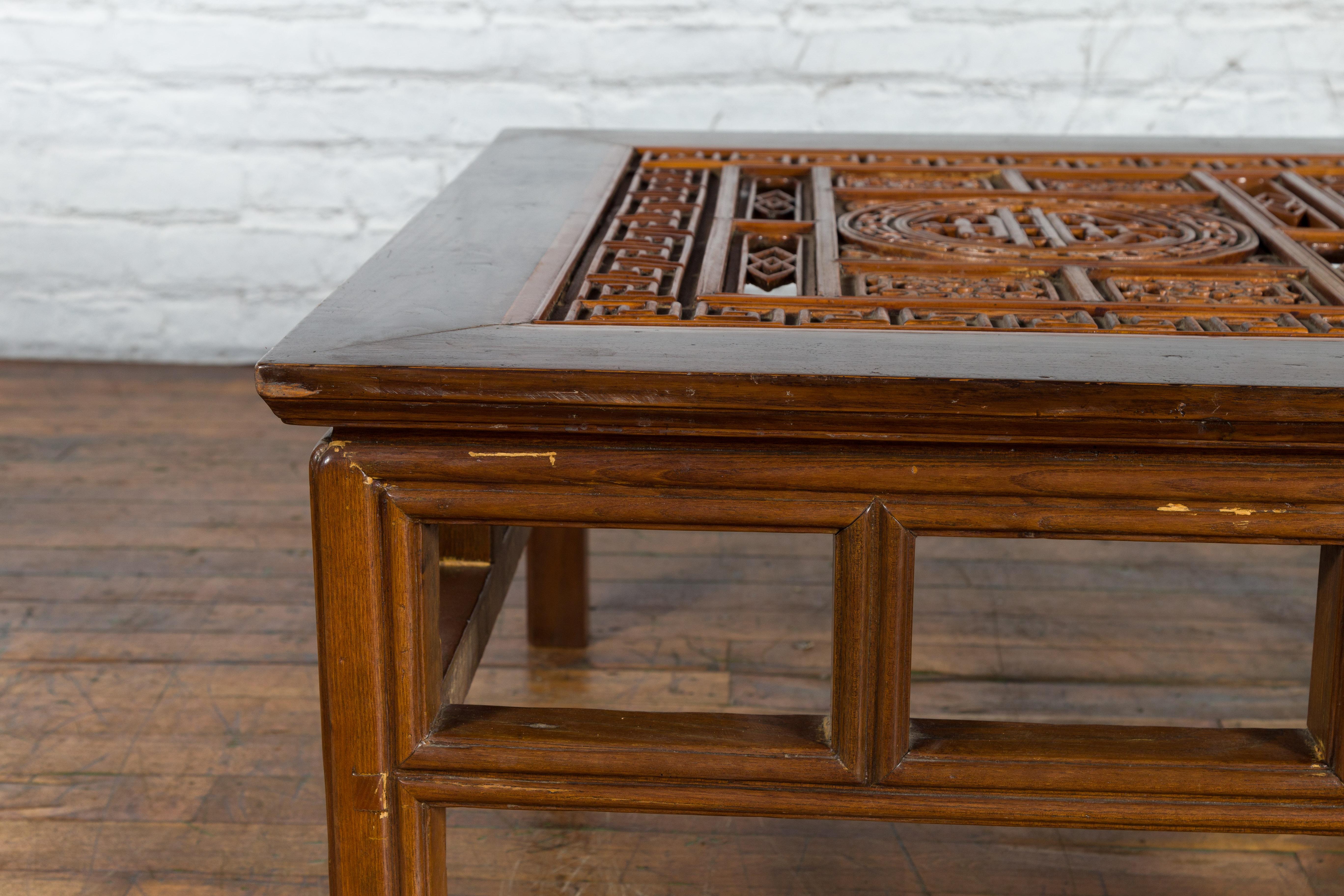Wood Chinese Qing Dynasty Period 19th Century Coffee Table with Carved Fretwork Top For Sale